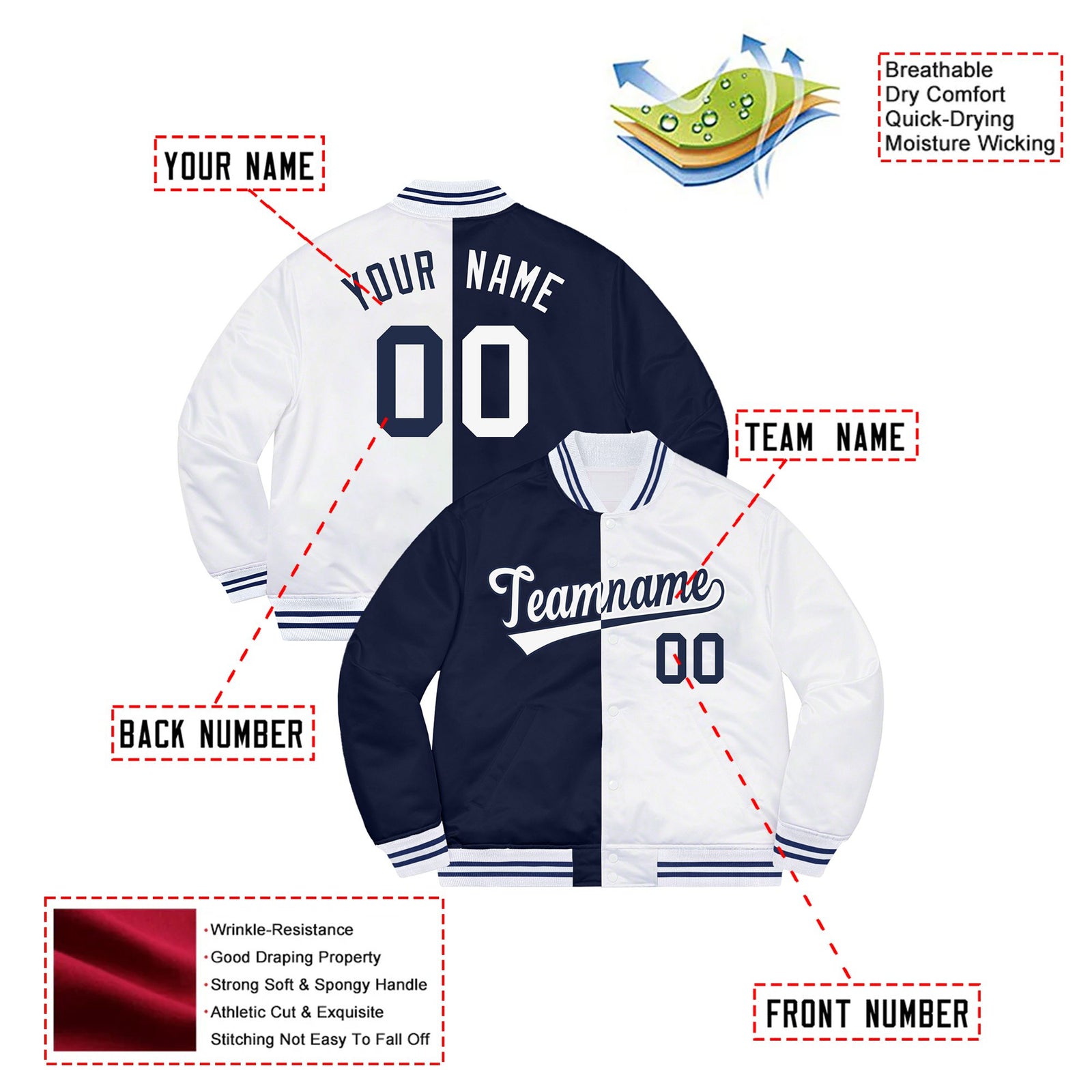 Custom Navy White Bomber Full-Snap Varsity Letterman Split Fashion Jacket