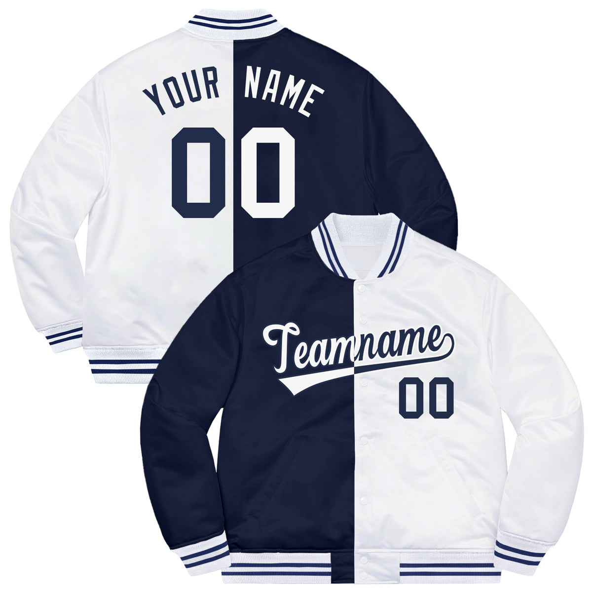Custom Navy White Bomber Full-Snap Varsity Letterman Split Fashion Jacket
