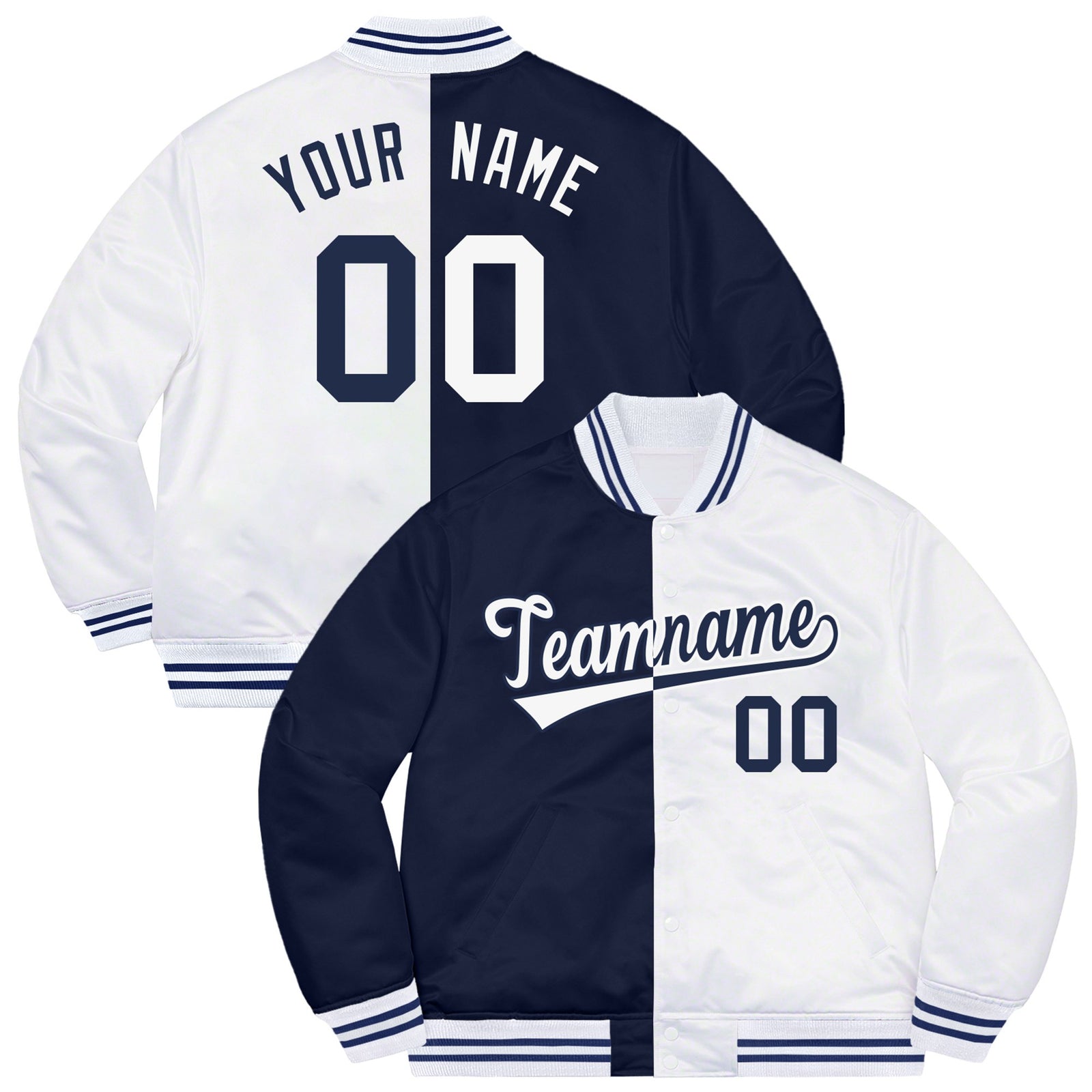 Custom Navy White Bomber Full-Snap Varsity Letterman Split Fashion Jacket