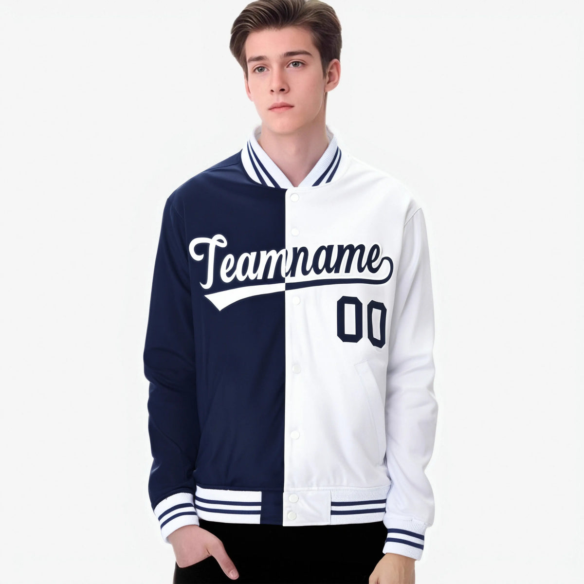 Custom Navy White Bomber Full-Snap Varsity Letterman Split Fashion Jacket