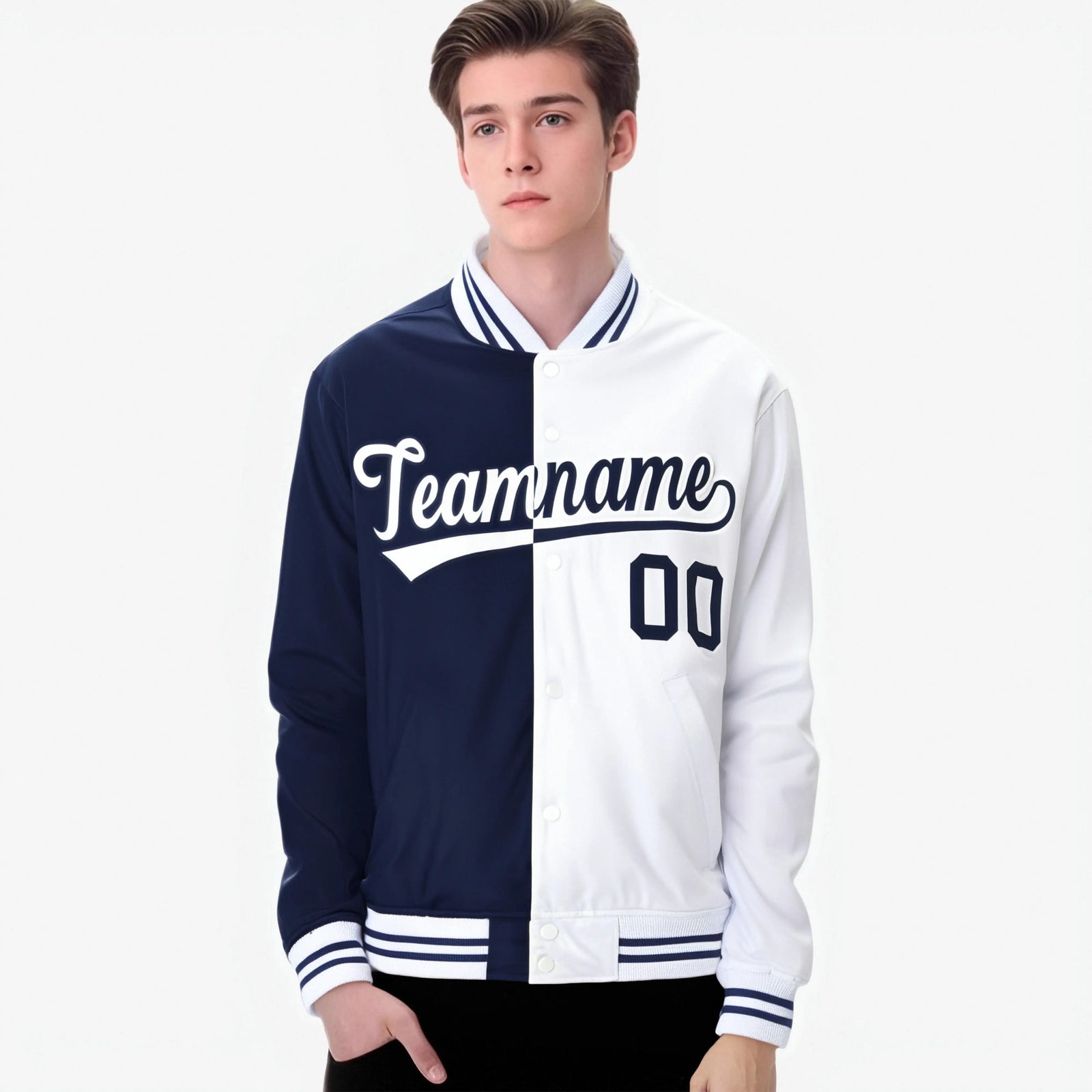 Custom Navy White Bomber Full-Snap Varsity Letterman Split Fashion Jacket