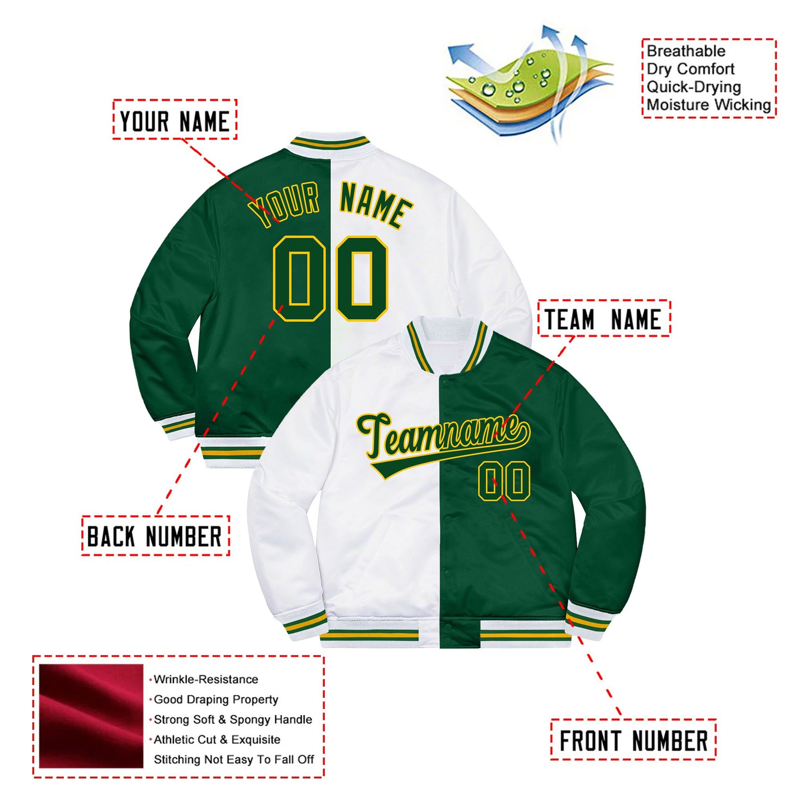 Custom White Gold Green Bomber Full-Snap Varsity Letterman Split Fashion Jacket