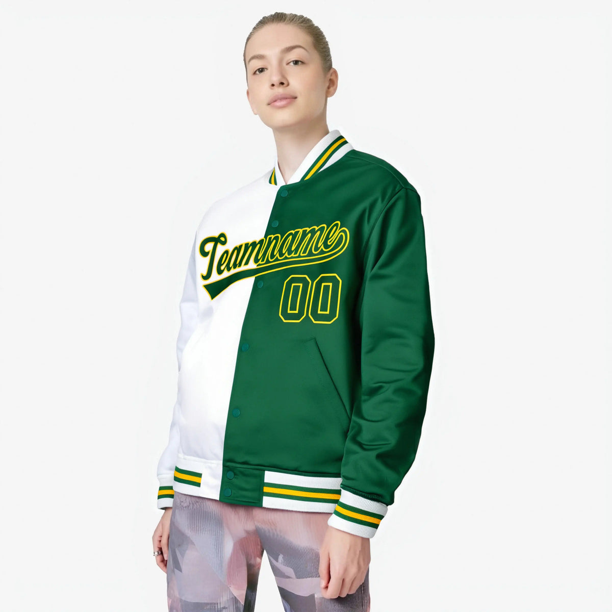 Custom White Gold Green Bomber Full-Snap Varsity Letterman Split Fashion Jacket