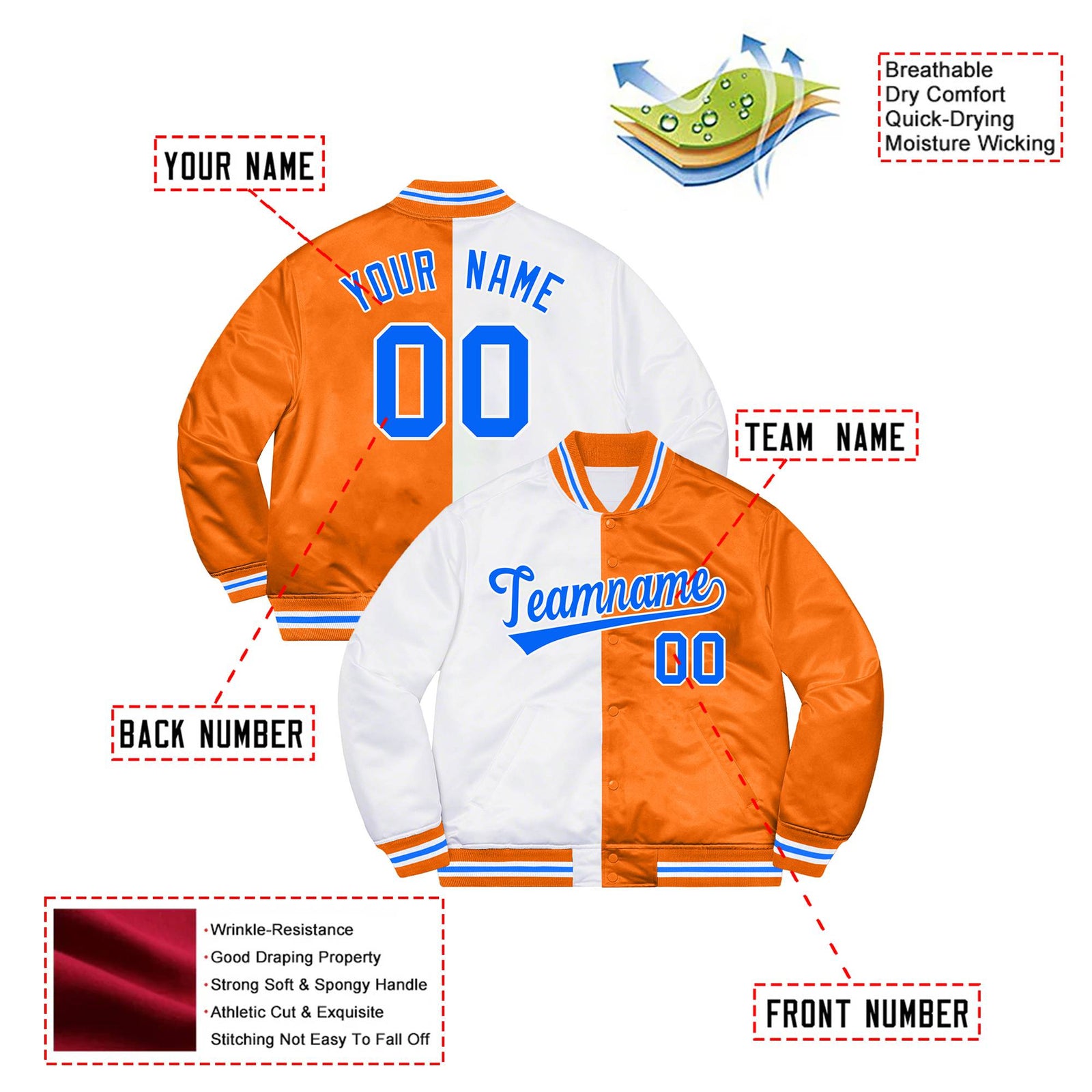 Custom White Light Blue Orange Bomber Full-Snap Varsity Letterman Split Fashion Jacket