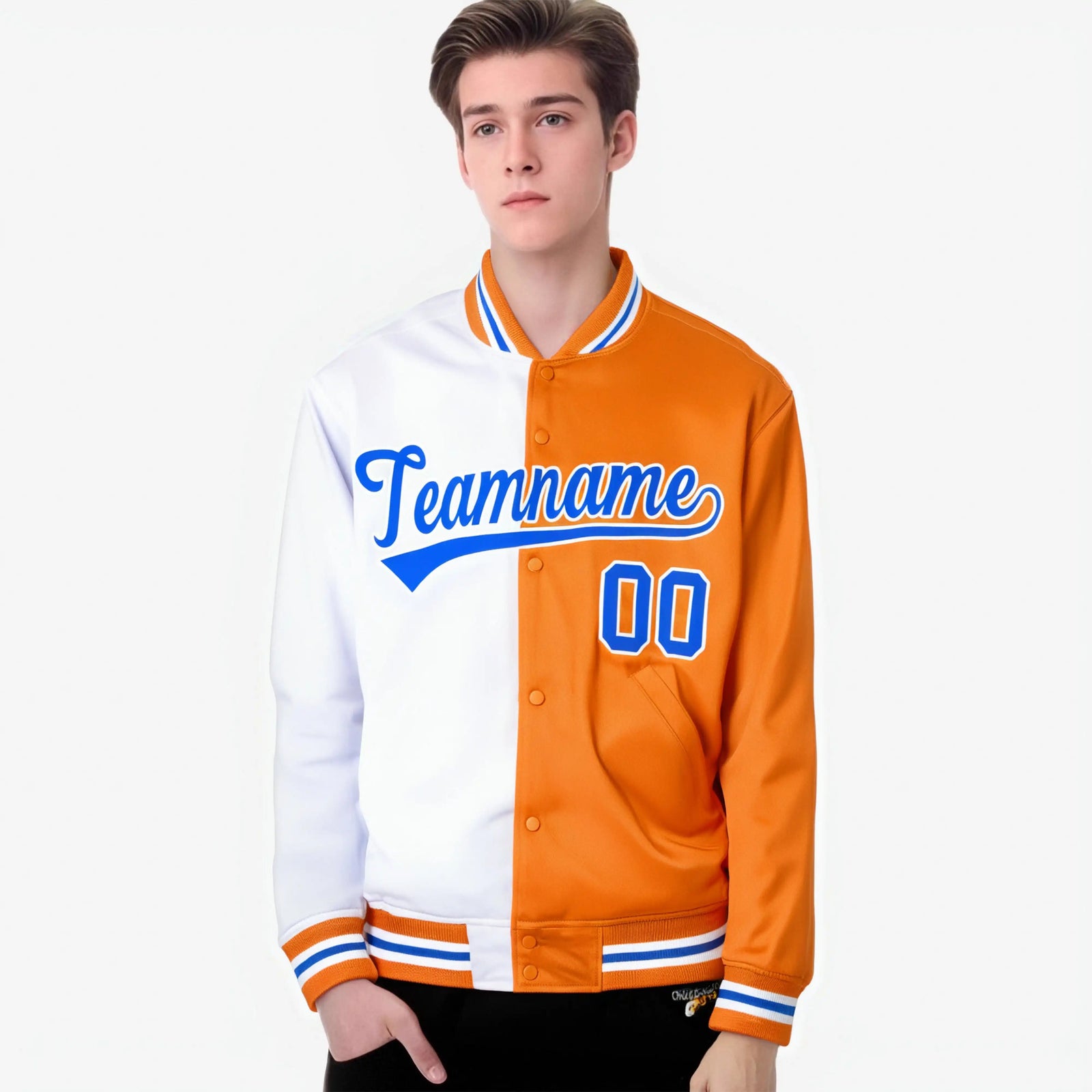Custom White Light Blue Orange Bomber Full-Snap Varsity Letterman Split Fashion Jacket