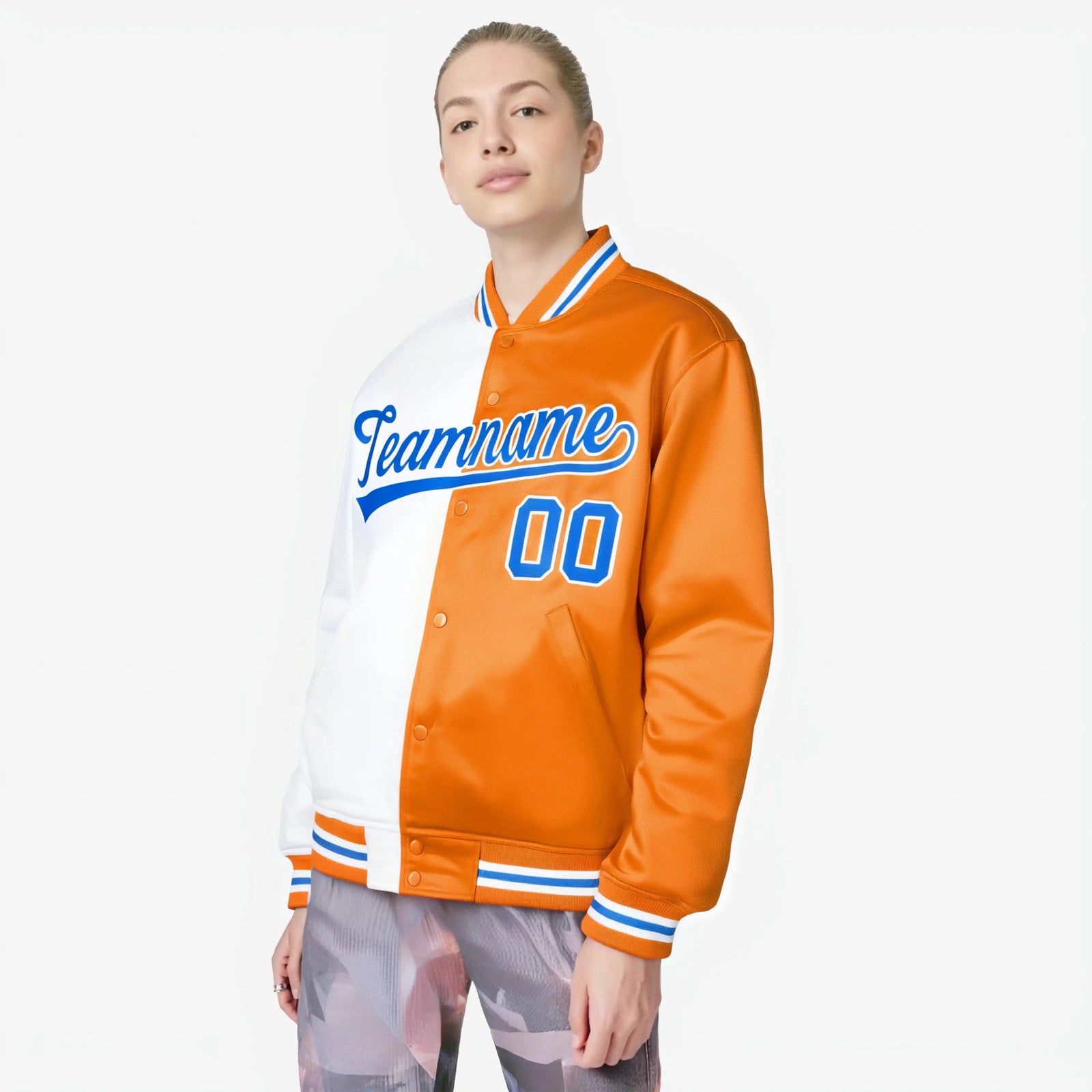Custom White Light Blue Orange Bomber Full-Snap Varsity Letterman Split Fashion Jacket