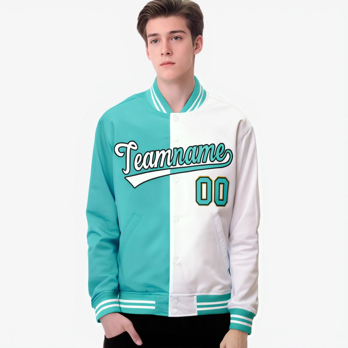 Custom Bright Green White Black Bomber Full-Snap Varsity Letterman Split Fashion Jacket