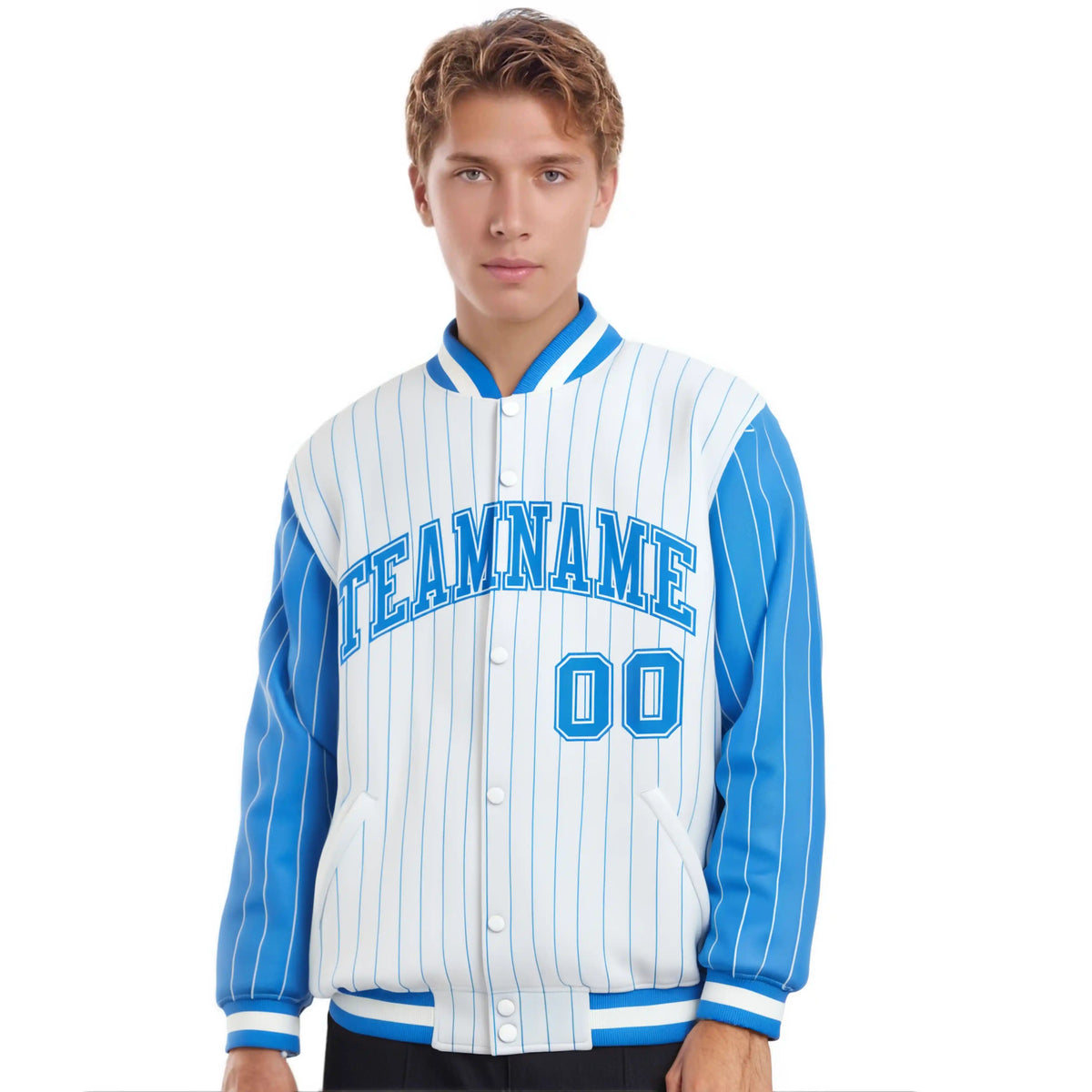 Custom White Powder Blue Pinstripe Powder-Blue White Bomber Full-Snap Varsity Letterman Jacket