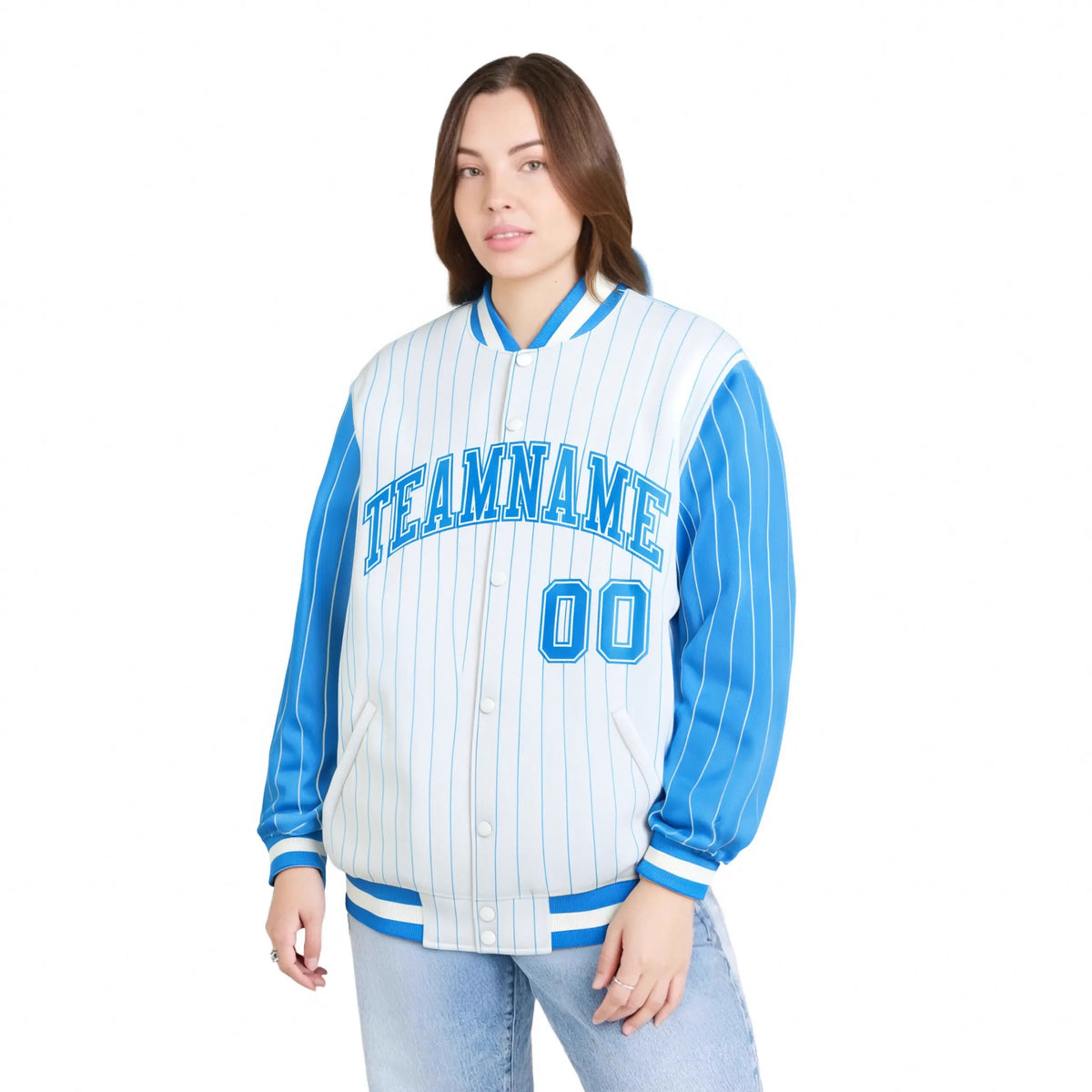 Custom White Powder Blue Pinstripe Powder-Blue White Bomber Full-Snap Varsity Letterman Jacket