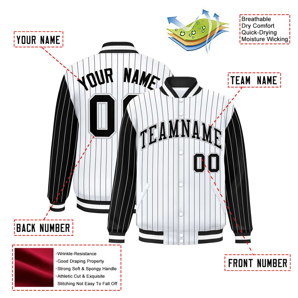 Custom White Black Pinstripe Gray-Black Bomber Full-Snap Varsity Letterman Jacket