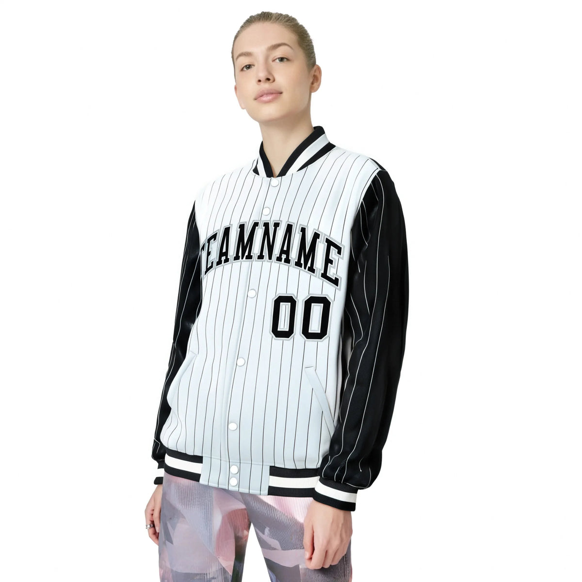 Custom White Black Pinstripe Gray-Black Bomber Full-Snap Varsity Letterman Jacket