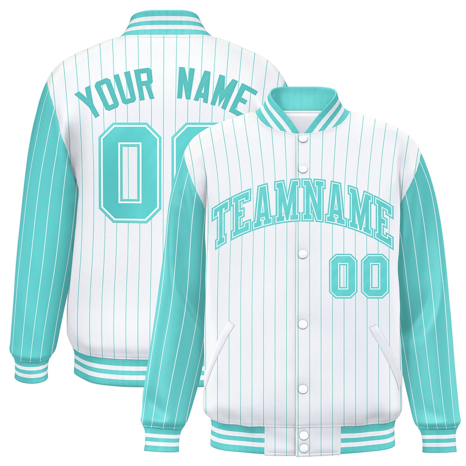 Custom White Aqua Pinstripe White-Aqua Bomber Full-Snap Varsity Letterman Jacket