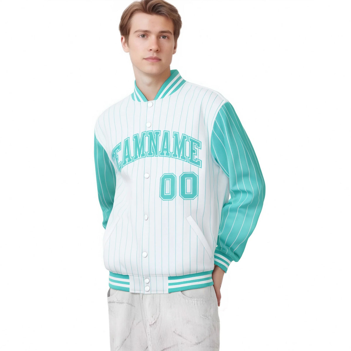 Custom White Aqua Pinstripe White-Aqua Bomber Full-Snap Varsity Letterman Jacket