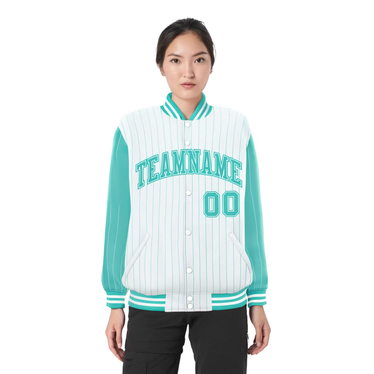 Custom White Aqua Pinstripe White-Aqua Bomber Full-Snap Varsity Letterman Jacket