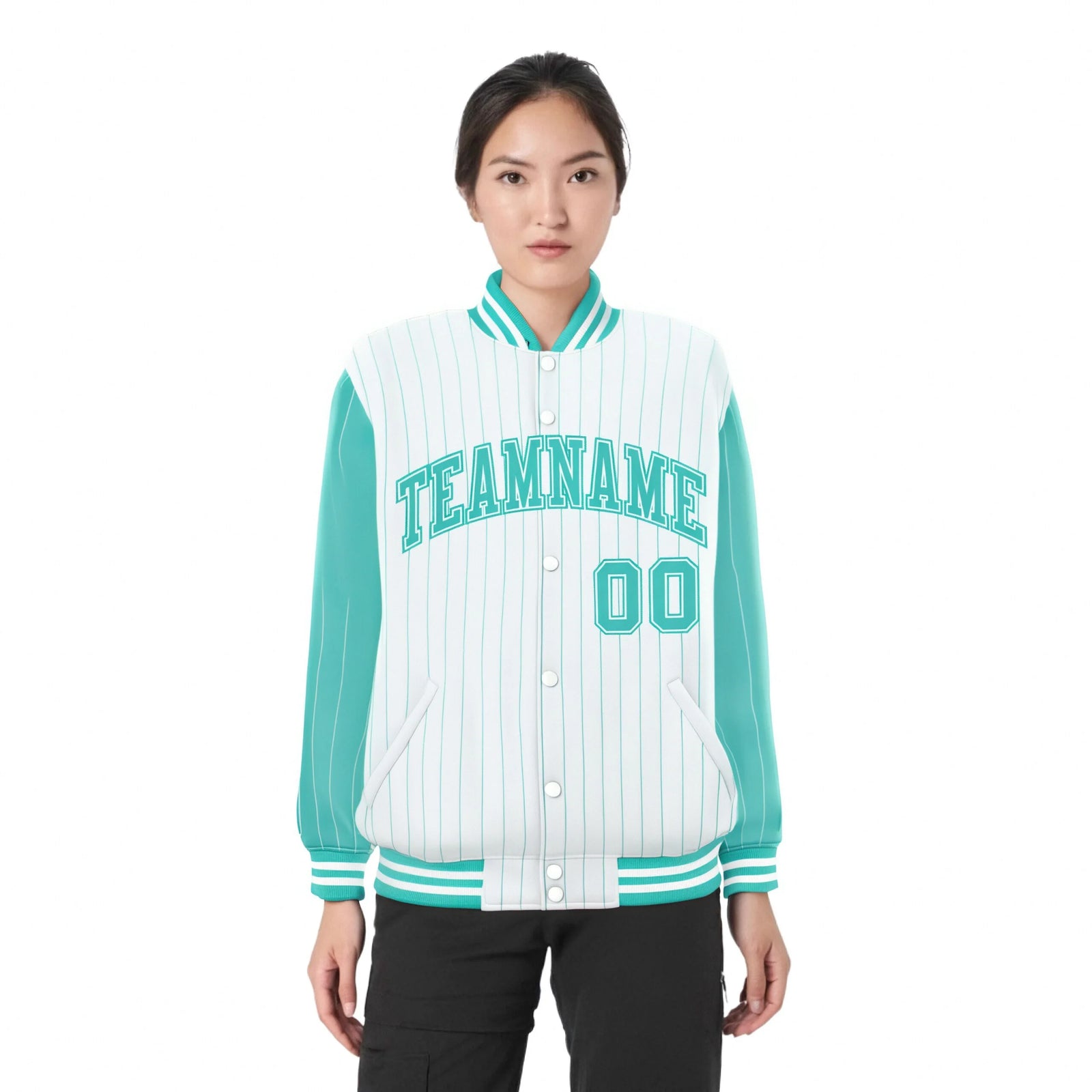 Custom White Aqua Pinstripe White-Aqua Bomber Full-Snap Varsity Letterman Jacket