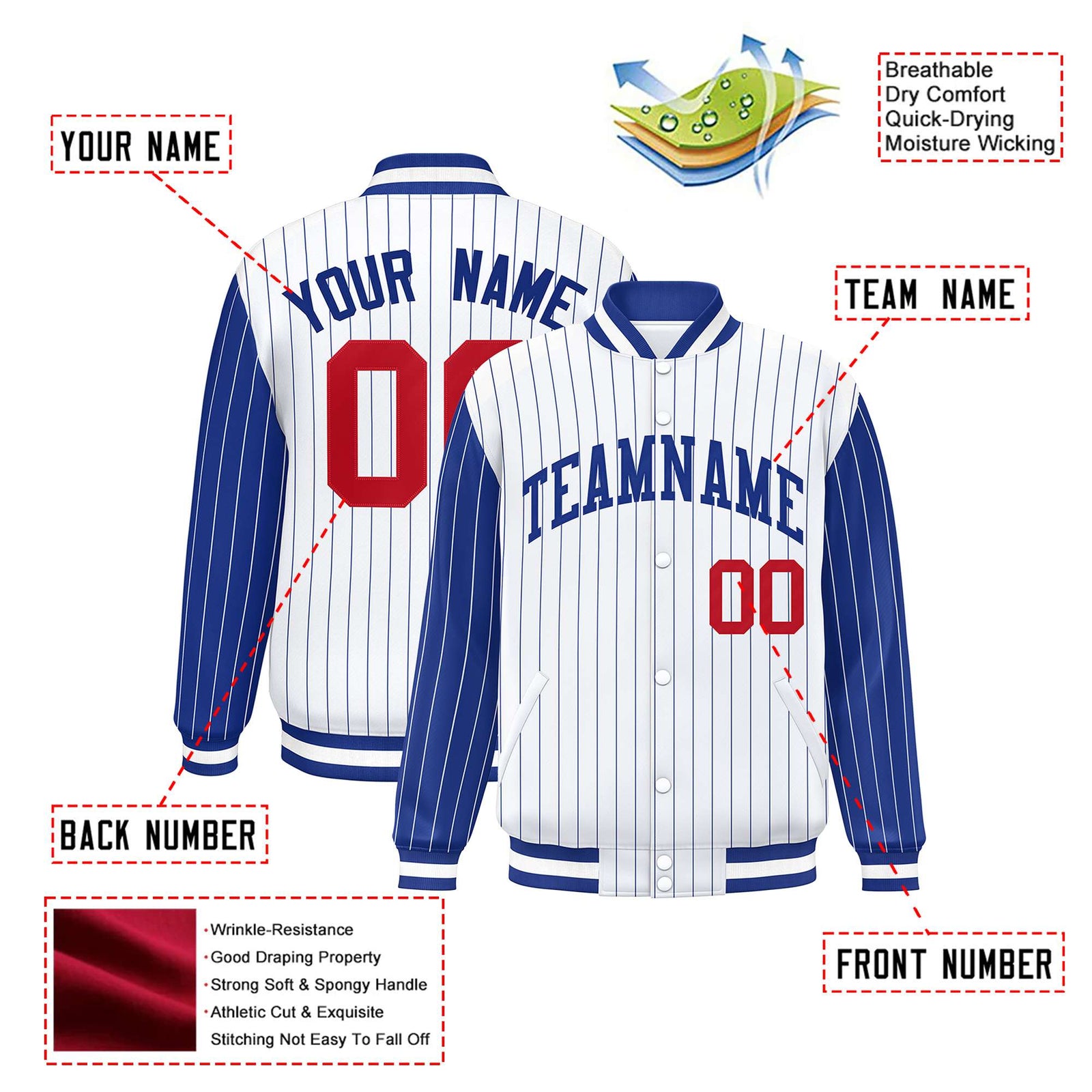 Custom White Royal-Blue Pinstripe Red Royal-Blue Bomber Full-Snap Varsity Letterman Jacket