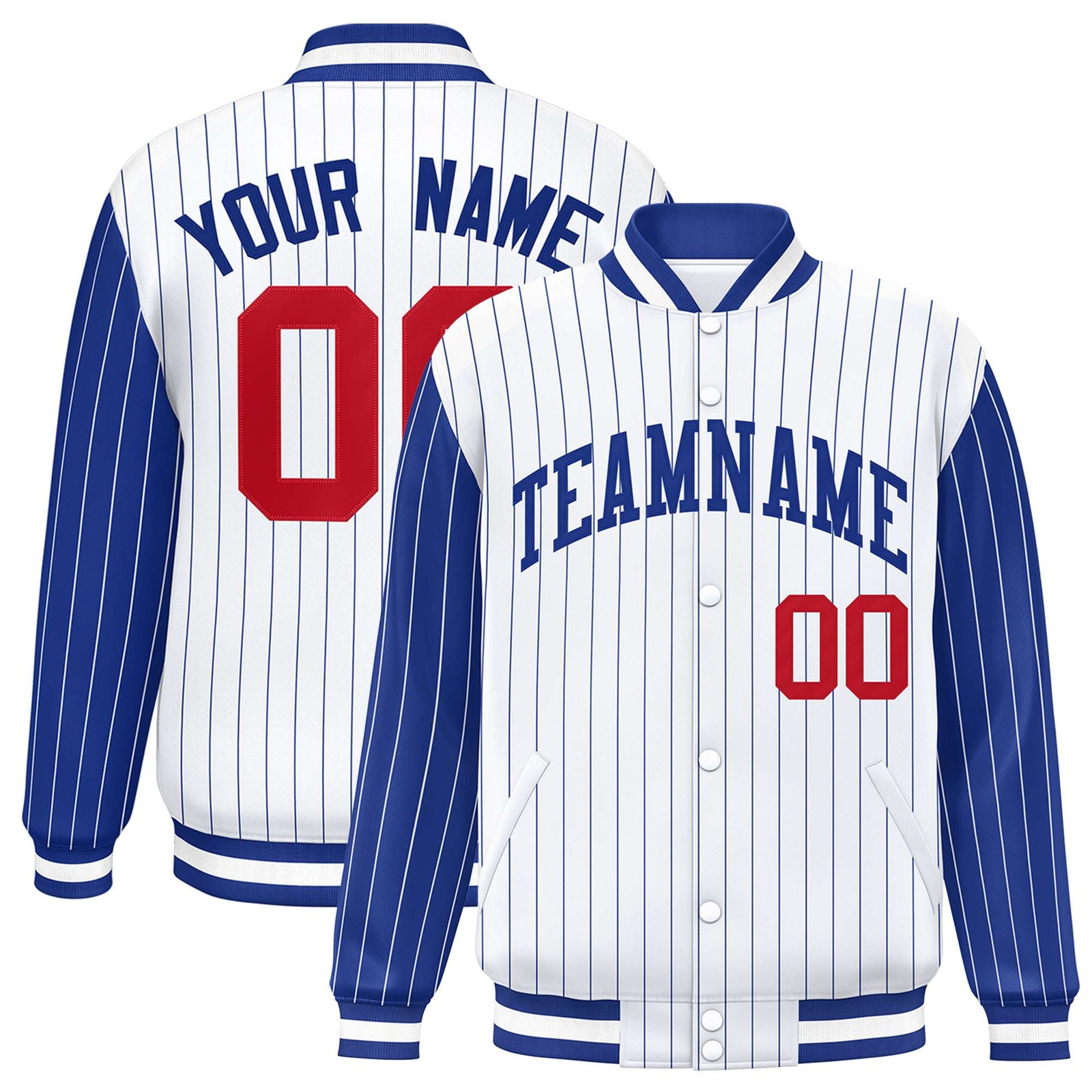 Custom White Royal-Blue Pinstripe Red Royal-Blue Bomber Full-Snap Varsity Letterman Jacket