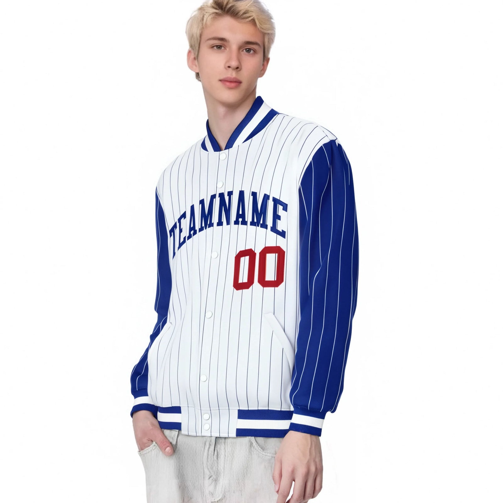 Custom White Royal-Blue Pinstripe Red Royal-Blue Bomber Full-Snap Varsity Letterman Jacket