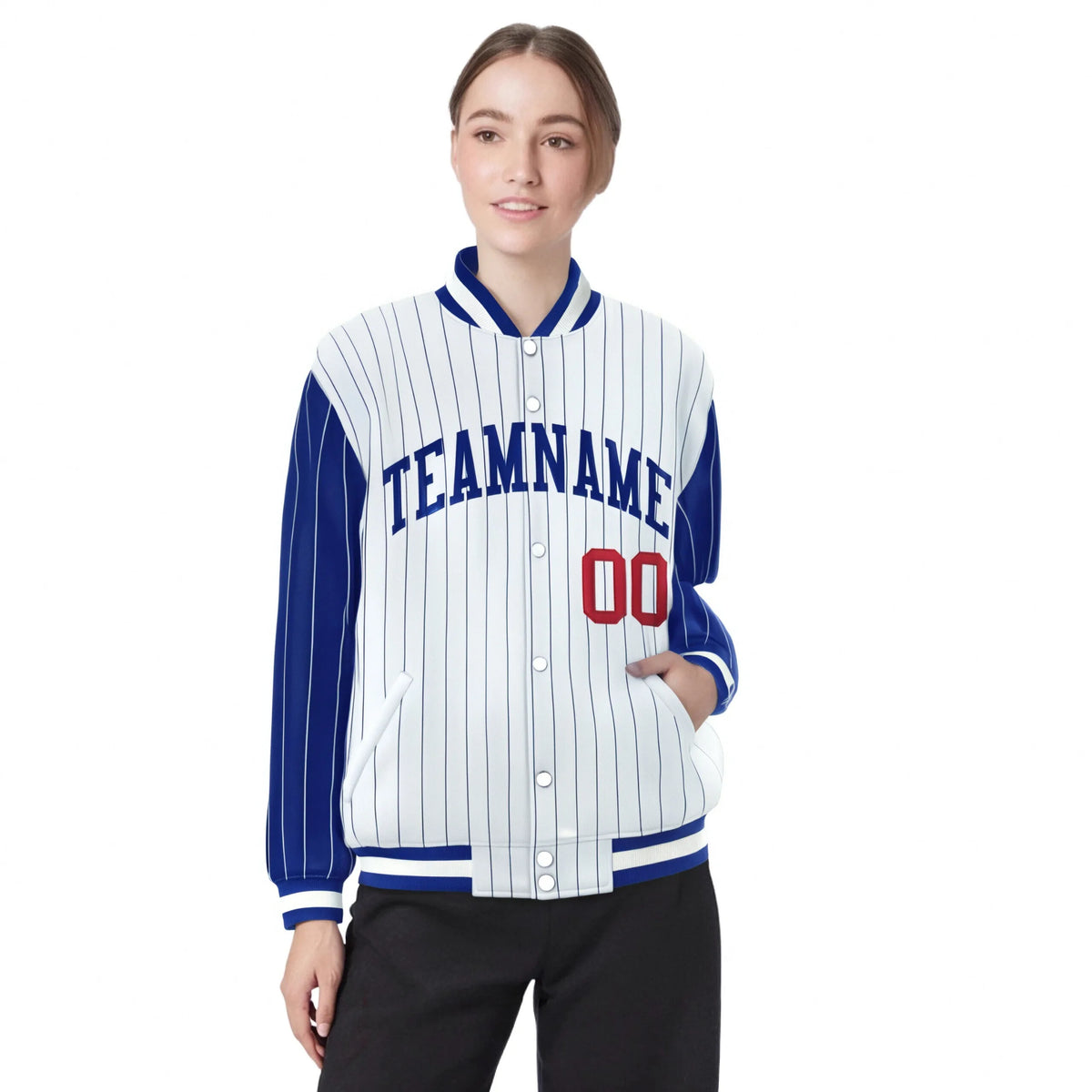 Custom White Royal-Blue Pinstripe Red Royal-Blue Bomber Full-Snap Varsity Letterman Jacket