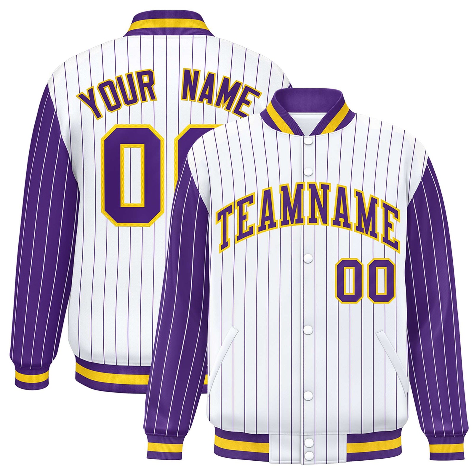 Custom White Purple Pinstripe Glod-Purple Bomber Full-Snap Varsity Letterman Jacket