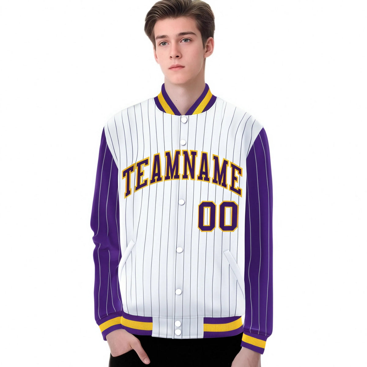 Custom White Purple Pinstripe Glod-Purple Bomber Full-Snap Varsity Letterman Jacket