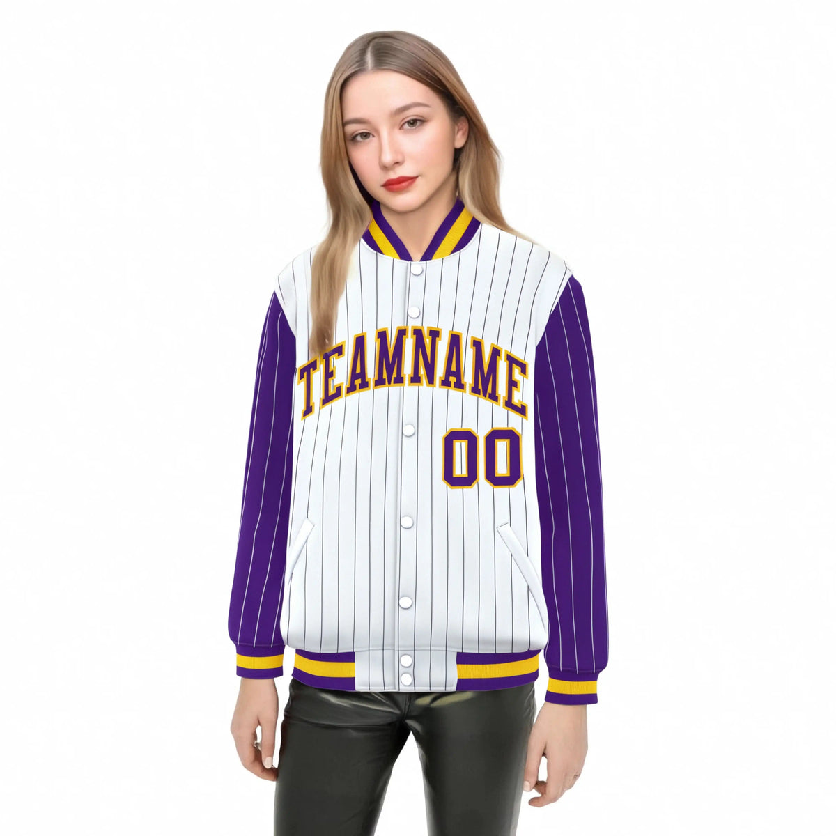 Custom White Purple Pinstripe Glod-Purple Bomber Full-Snap Varsity Letterman Jacket