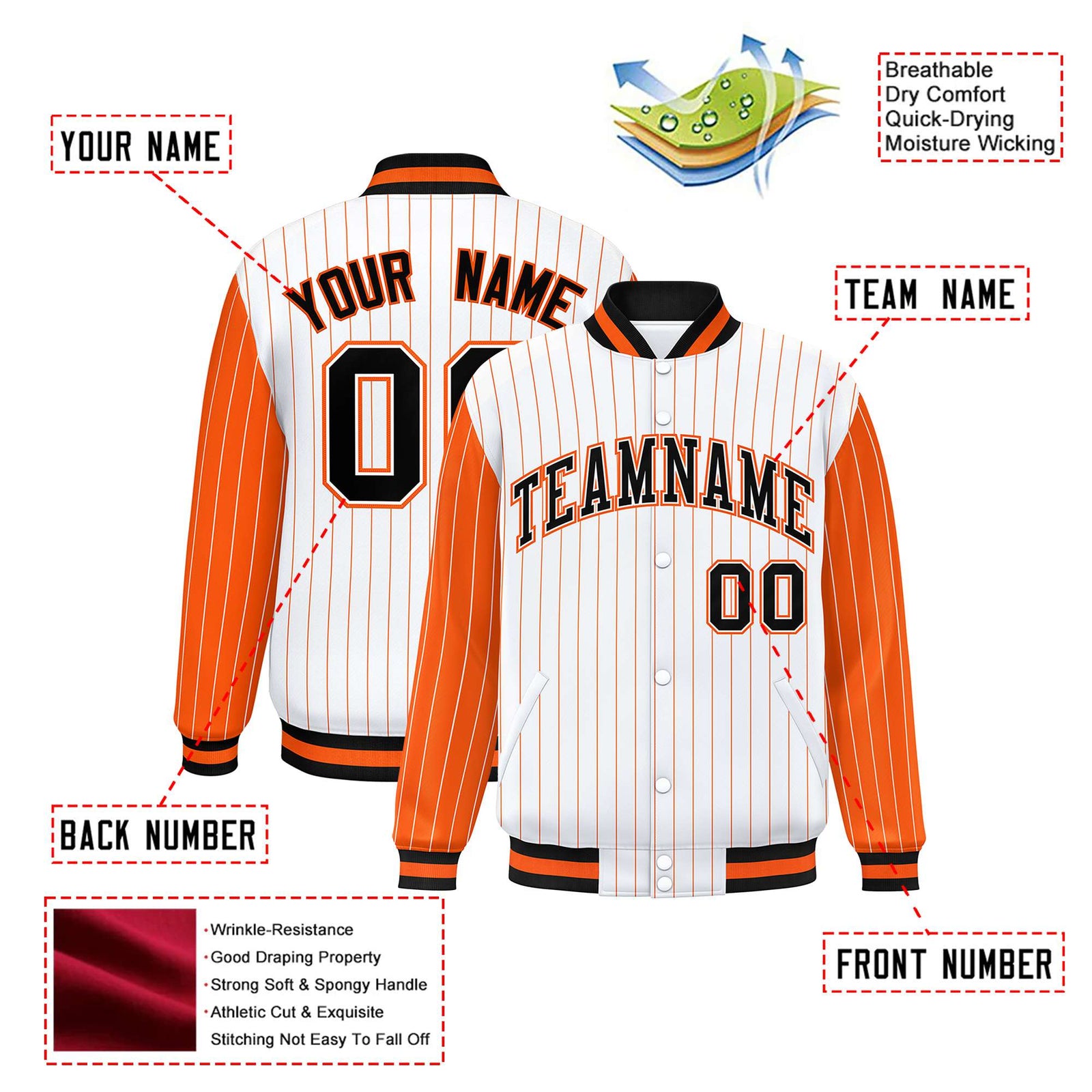Custom White Orange Pinstripe Orange-Black Bomber Full-Snap Varsity Letterman Jacket