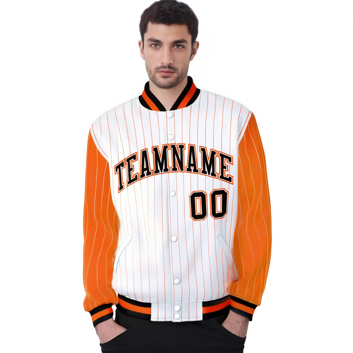 Custom White Orange Pinstripe Orange-Black Bomber Full-Snap Varsity Letterman Jacket