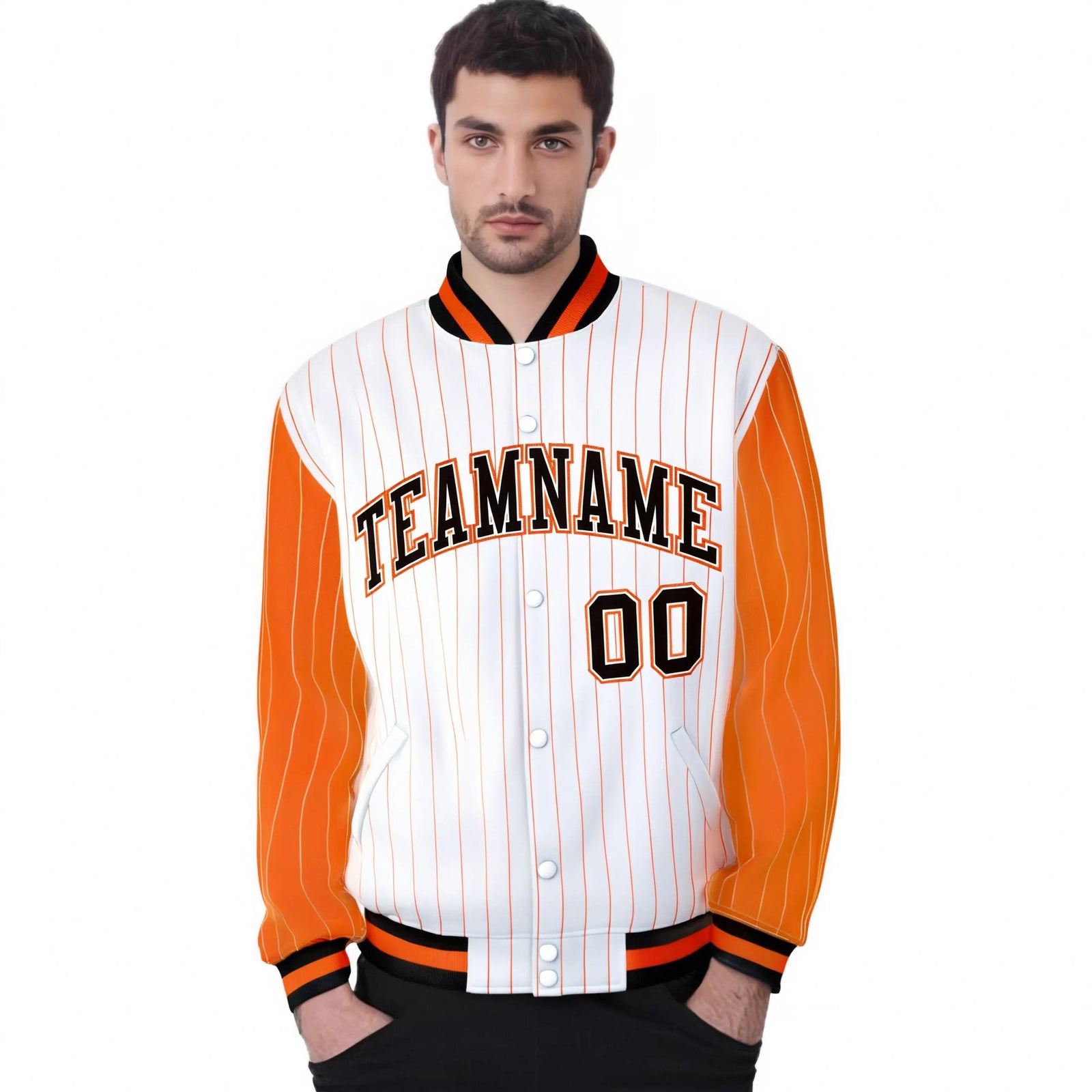 Custom White Orange Pinstripe Orange-Black Bomber Full-Snap Varsity Letterman Jacket