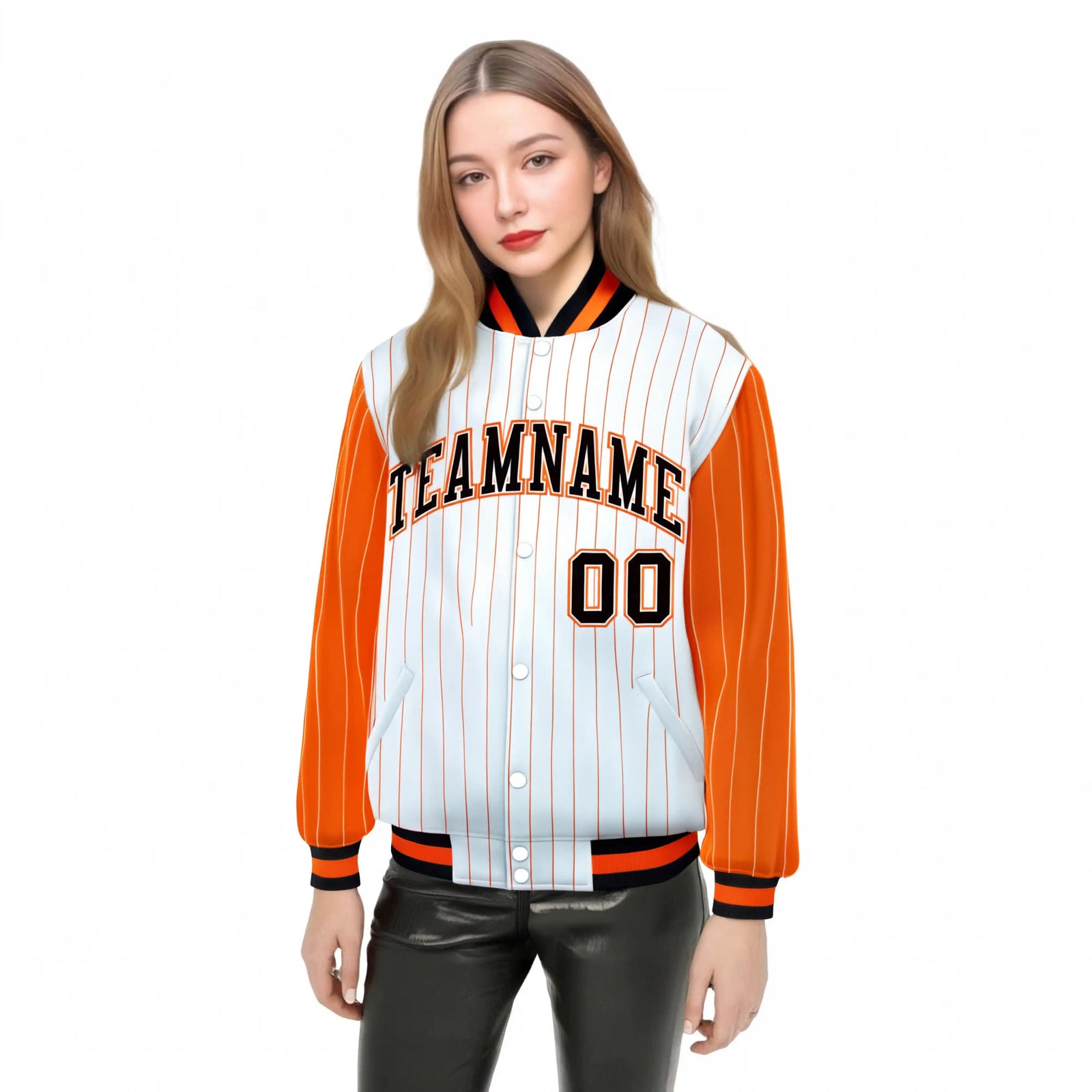Custom White Orange Pinstripe Orange-Black Bomber Full-Snap Varsity Letterman Jacket