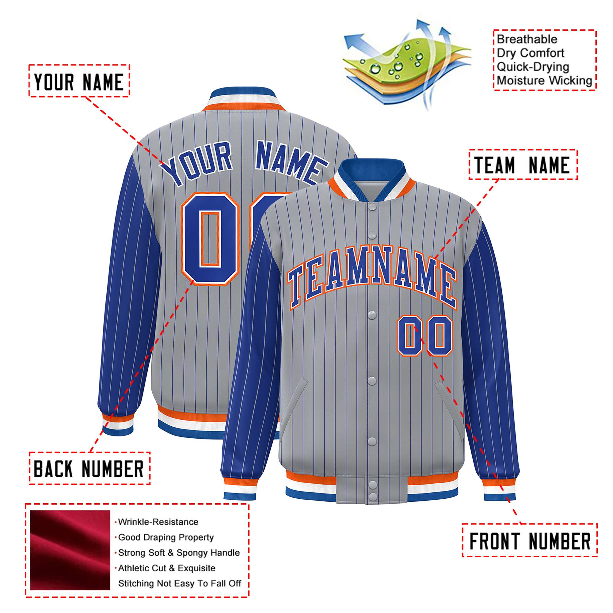 Custom Gray Royal-Blue Pinstripe Orange Royal-Blue Bomber Full-Snap Varsity Letterman Jacket