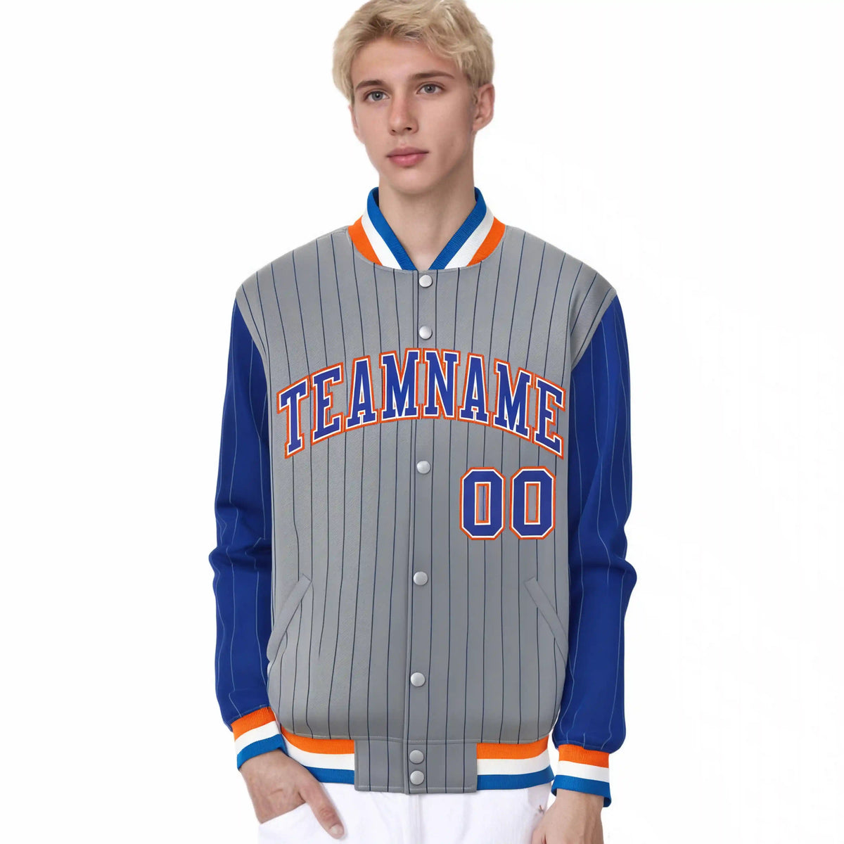 Custom Gray Royal-Blue Pinstripe Orange Royal-Blue Bomber Full-Snap Varsity Letterman Jacket