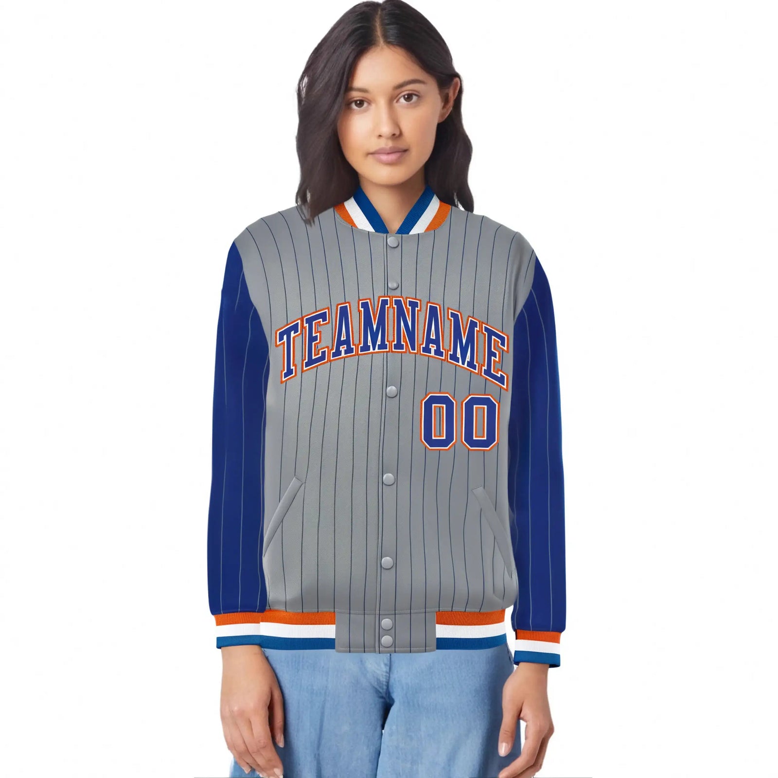 Custom Gray Royal-Blue Pinstripe Orange Royal-Blue Bomber Full-Snap Varsity Letterman Jacket
