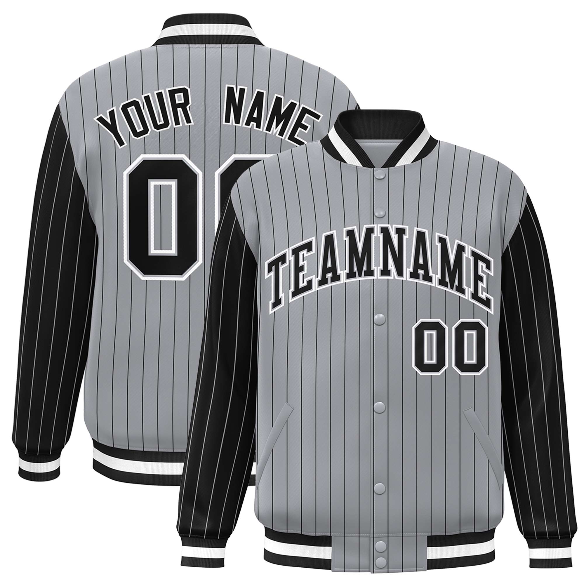 Custom Gray Black Pinstripe White-Black Bomber Full-Snap Varsity Letterman Jacket