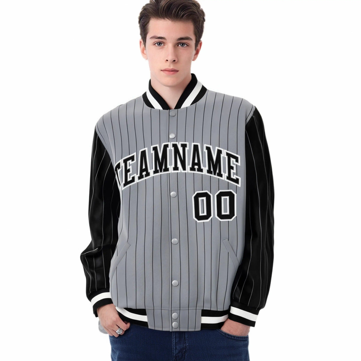 Custom Gray Black Pinstripe White-Black Bomber Full-Snap Varsity Letterman Jacket