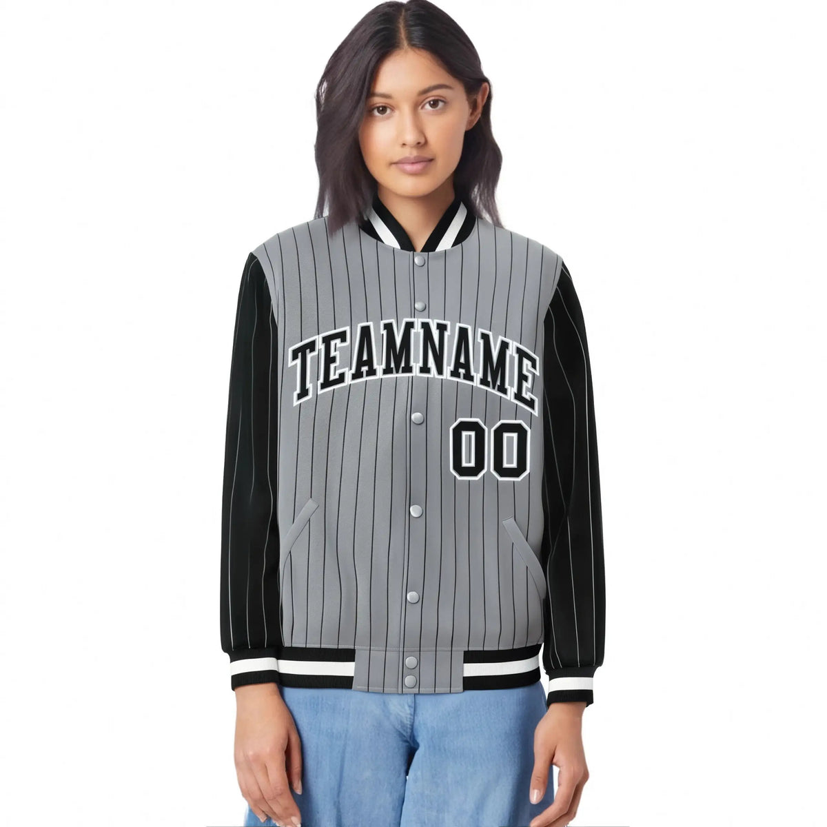 Custom Gray Black Pinstripe White-Black Bomber Full-Snap Varsity Letterman Jacket