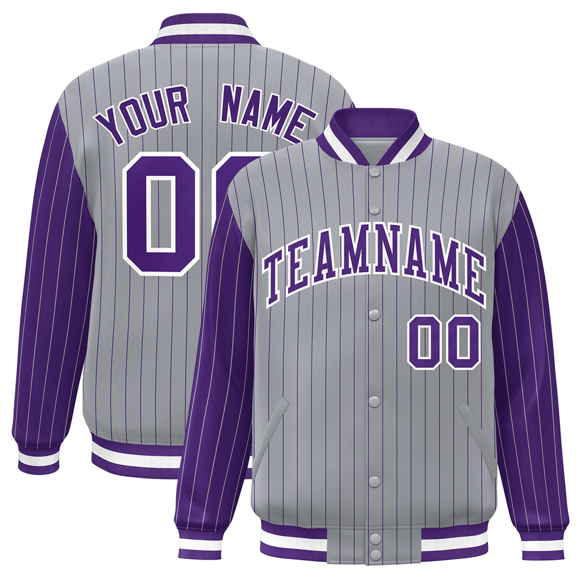 Custom Gray Purple Pinstripe White-Purple Bomber Full-Snap Varsity Letterman Jacket