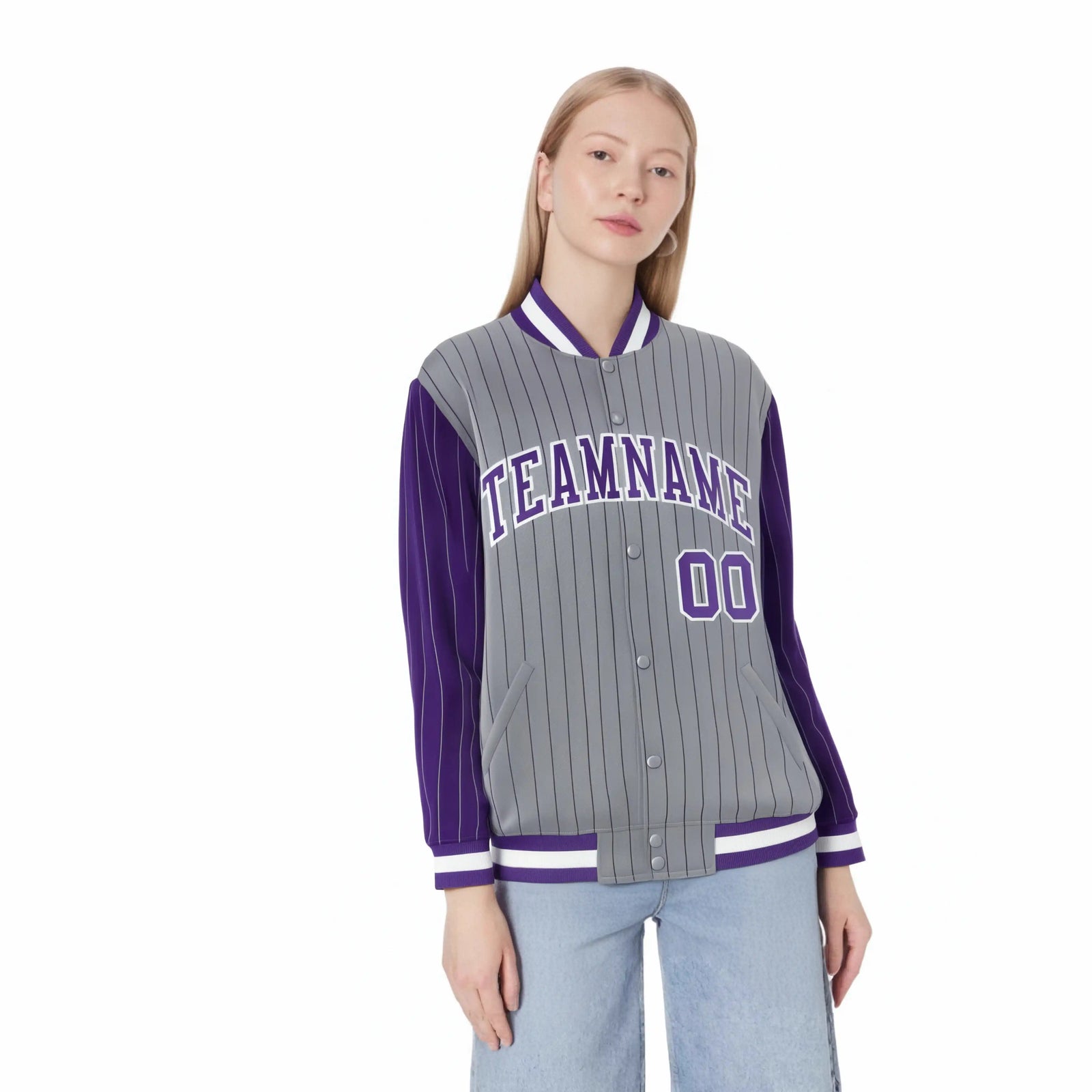 Custom Gray Purple Pinstripe White-Purple Bomber Full-Snap Varsity Letterman Jacket