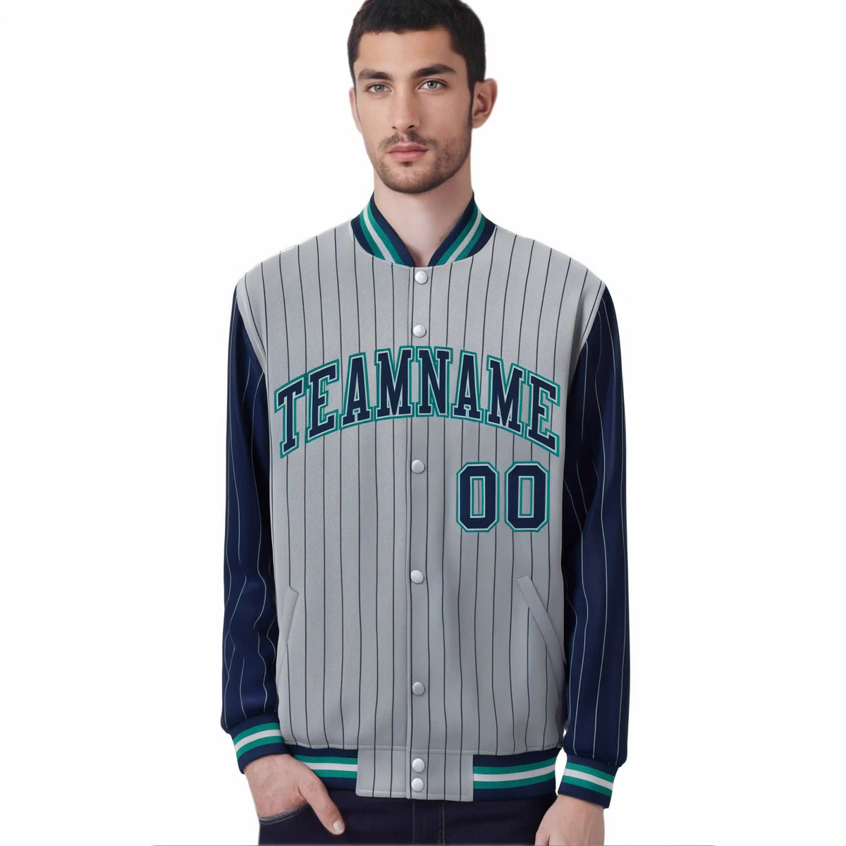 Custom Gray Navy Pinstripe Aqua-Navy Bomber Full-Snap Varsity Letterman Jacket