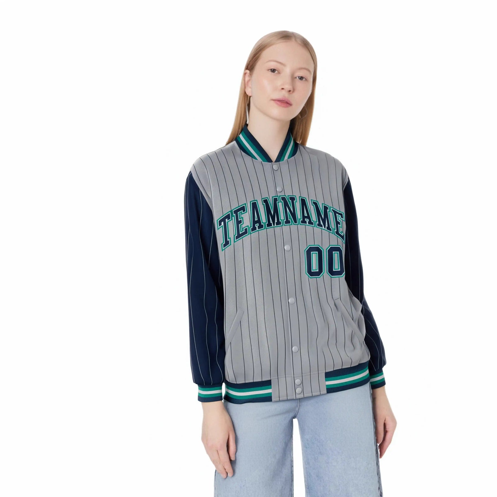 Custom Gray Navy Pinstripe Aqua-Navy Bomber Full-Snap Varsity Letterman Jacket