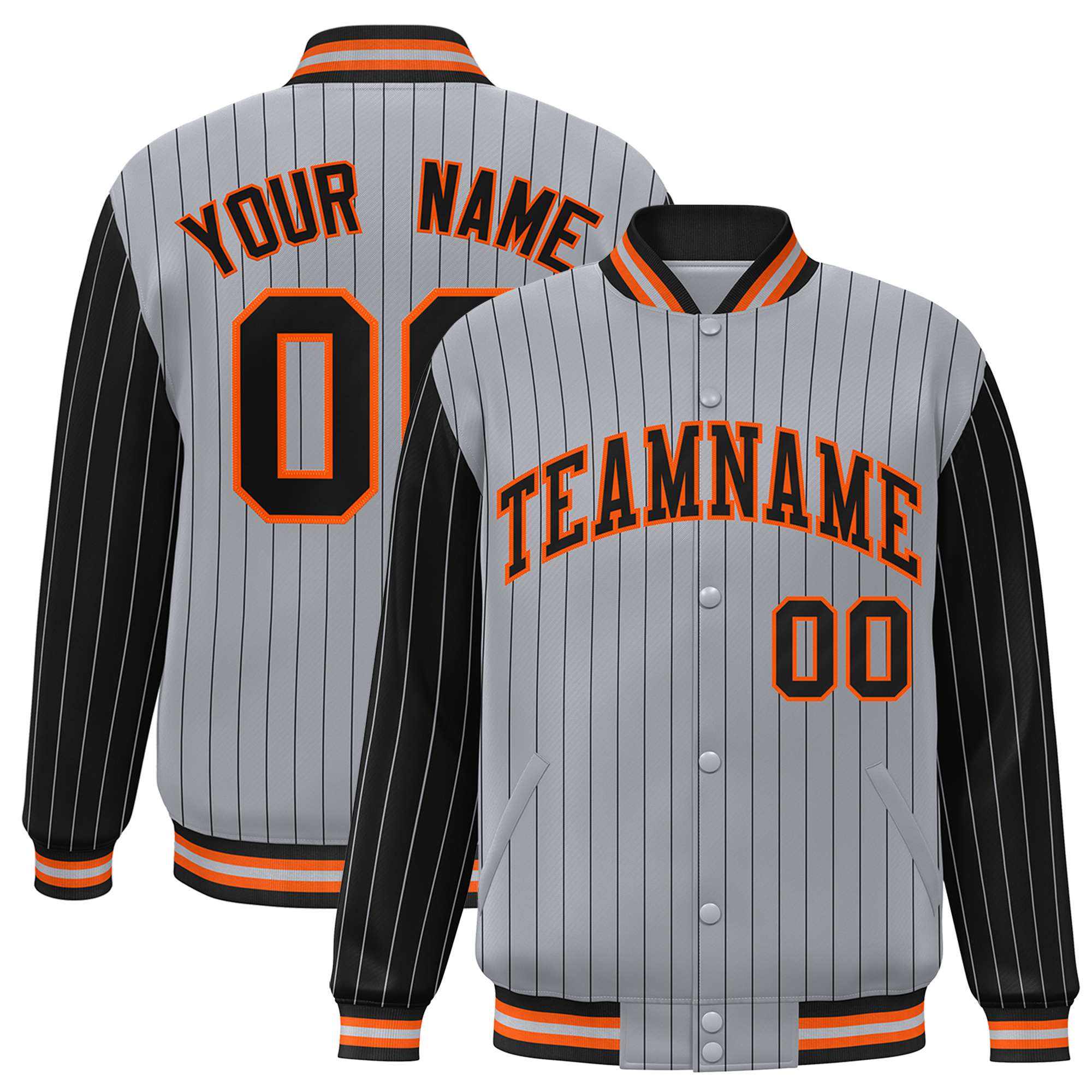 Custom Gray Black Pinstripe Orange-Black Bomber Full-Snap Varsity Letterman Jacket