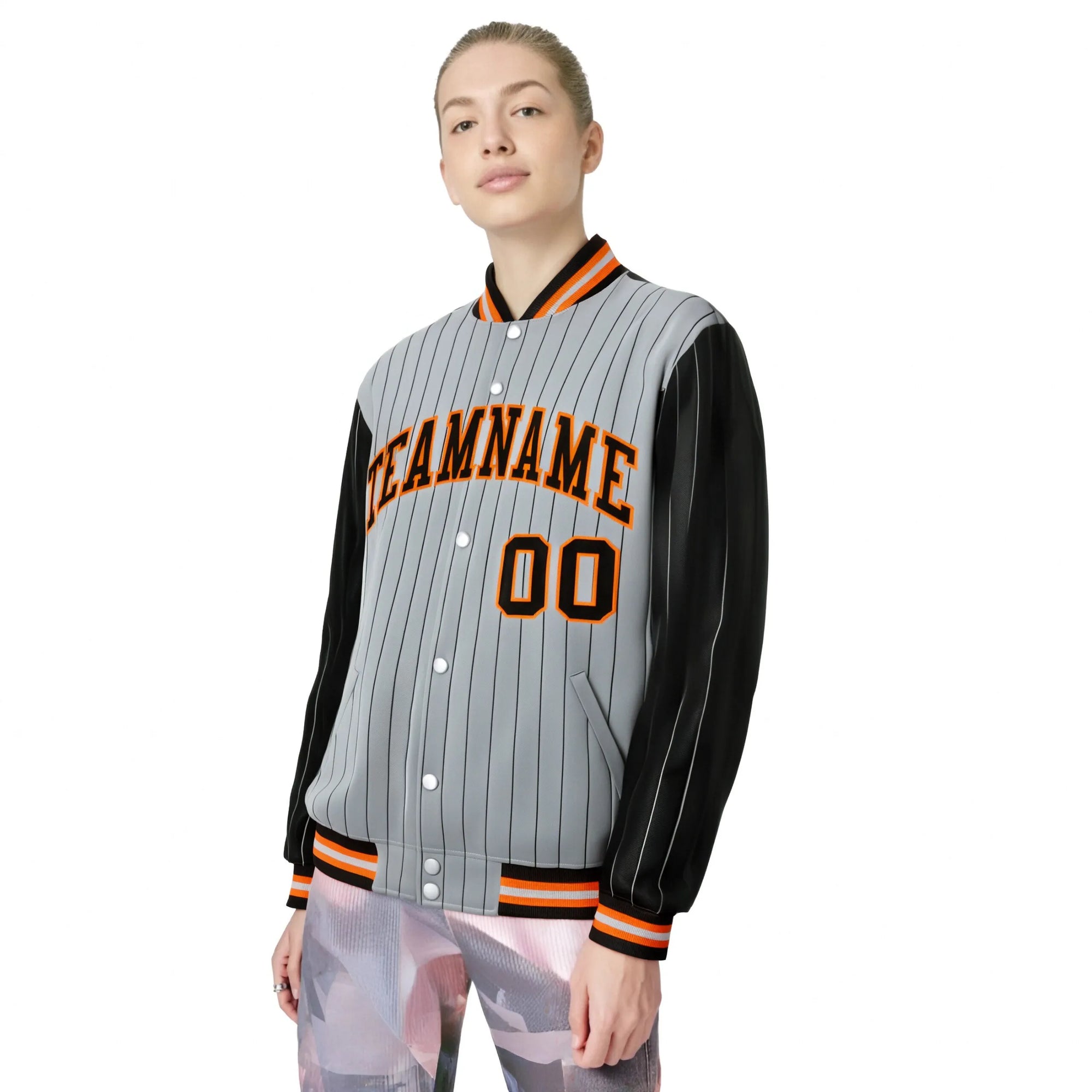 Custom Gray Black Pinstripe Orange-Black Bomber Full-Snap Varsity Letterman Jacket