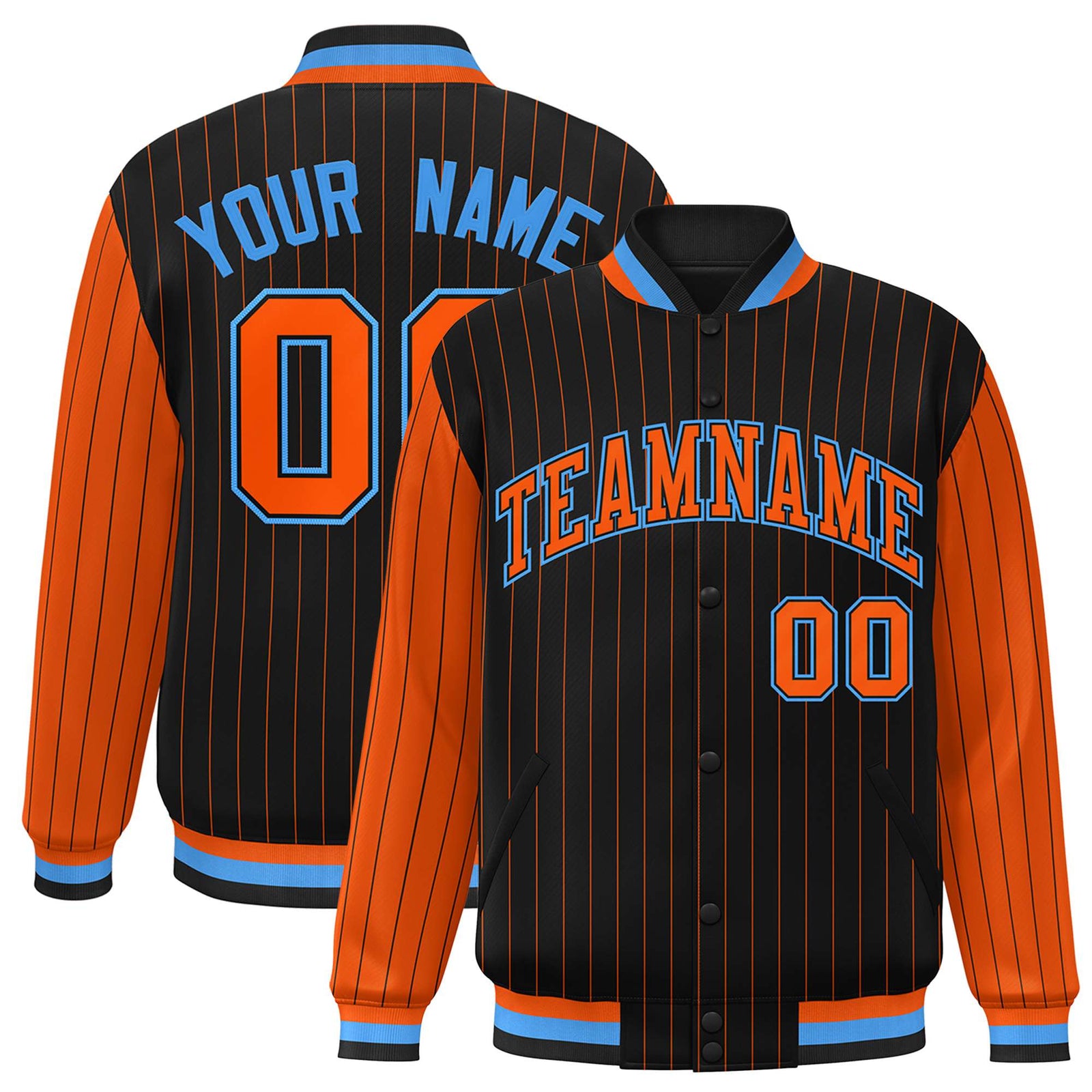 Custom Black Orange Pinstripe Powder-Blue Orange Bomber Full-Snap Varsity Letterman Jacket