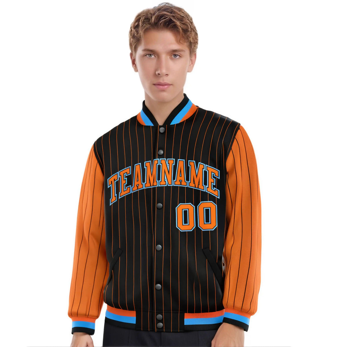 Custom Black Orange Pinstripe Powder-Blue Orange Bomber Full-Snap Varsity Letterman Jacket