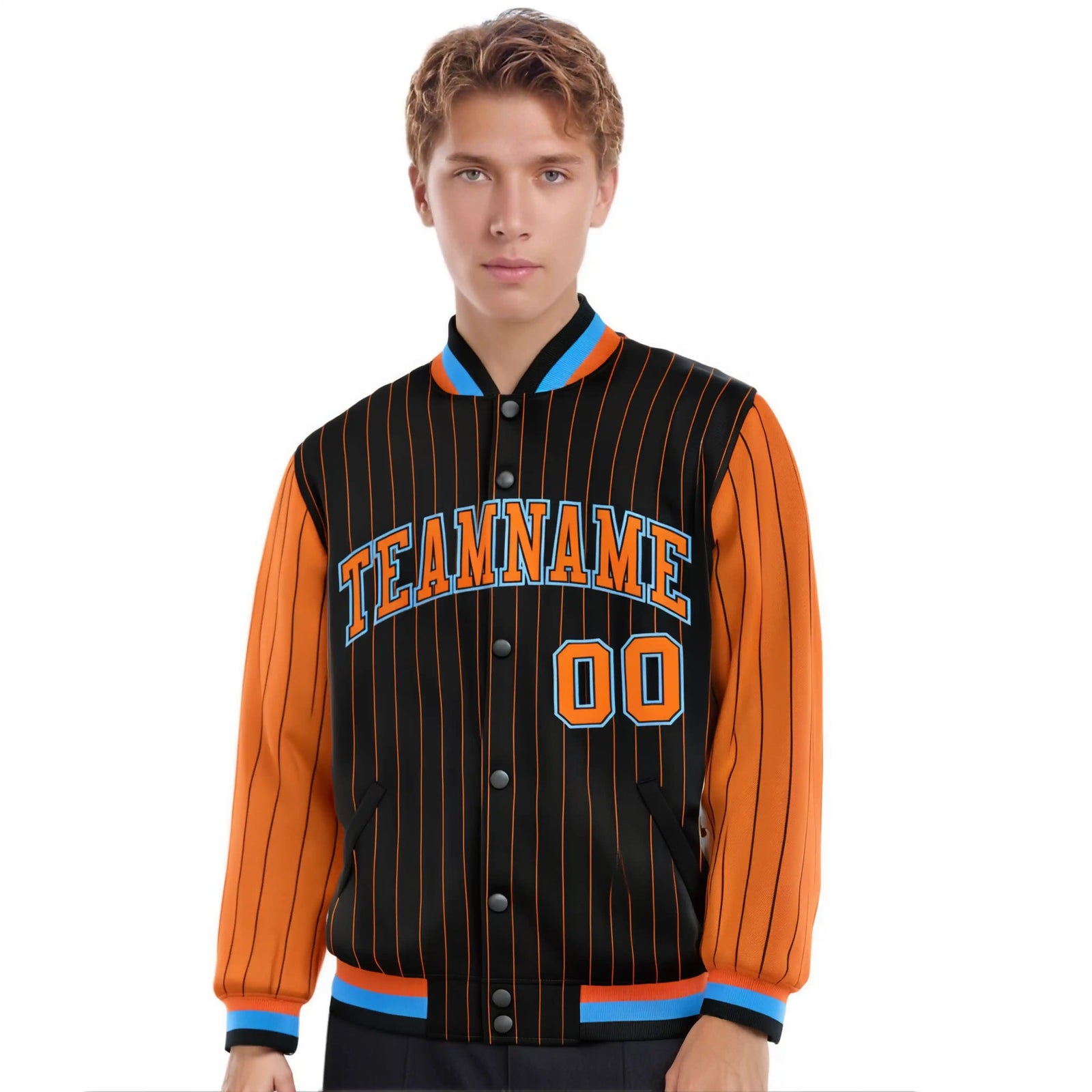 Custom Black Orange Pinstripe Powder-Blue Orange Bomber Full-Snap Varsity Letterman Jacket