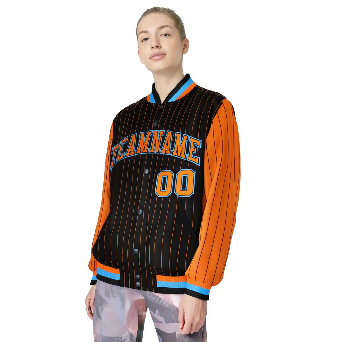 Custom Black Orange Pinstripe Powder-Blue Orange Bomber Full-Snap Varsity Letterman Jacket