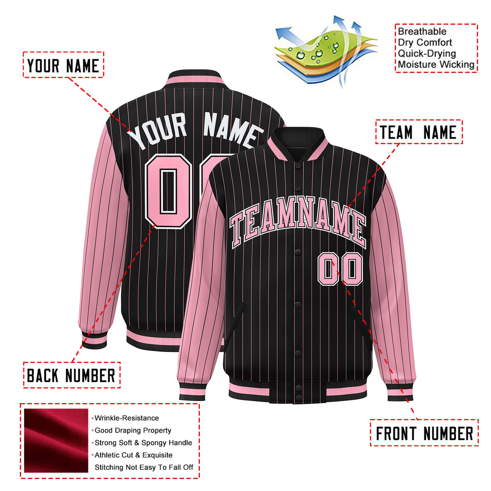 Custom Black Light-Pink Pinstripe White Light-Pink Bomber Full-Snap Varsity Letterman Jacket