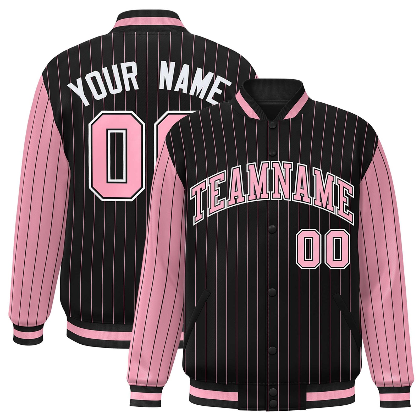 Custom Black Light-Pink Pinstripe White Light-Pink Bomber Full-Snap Varsity Letterman Jacket