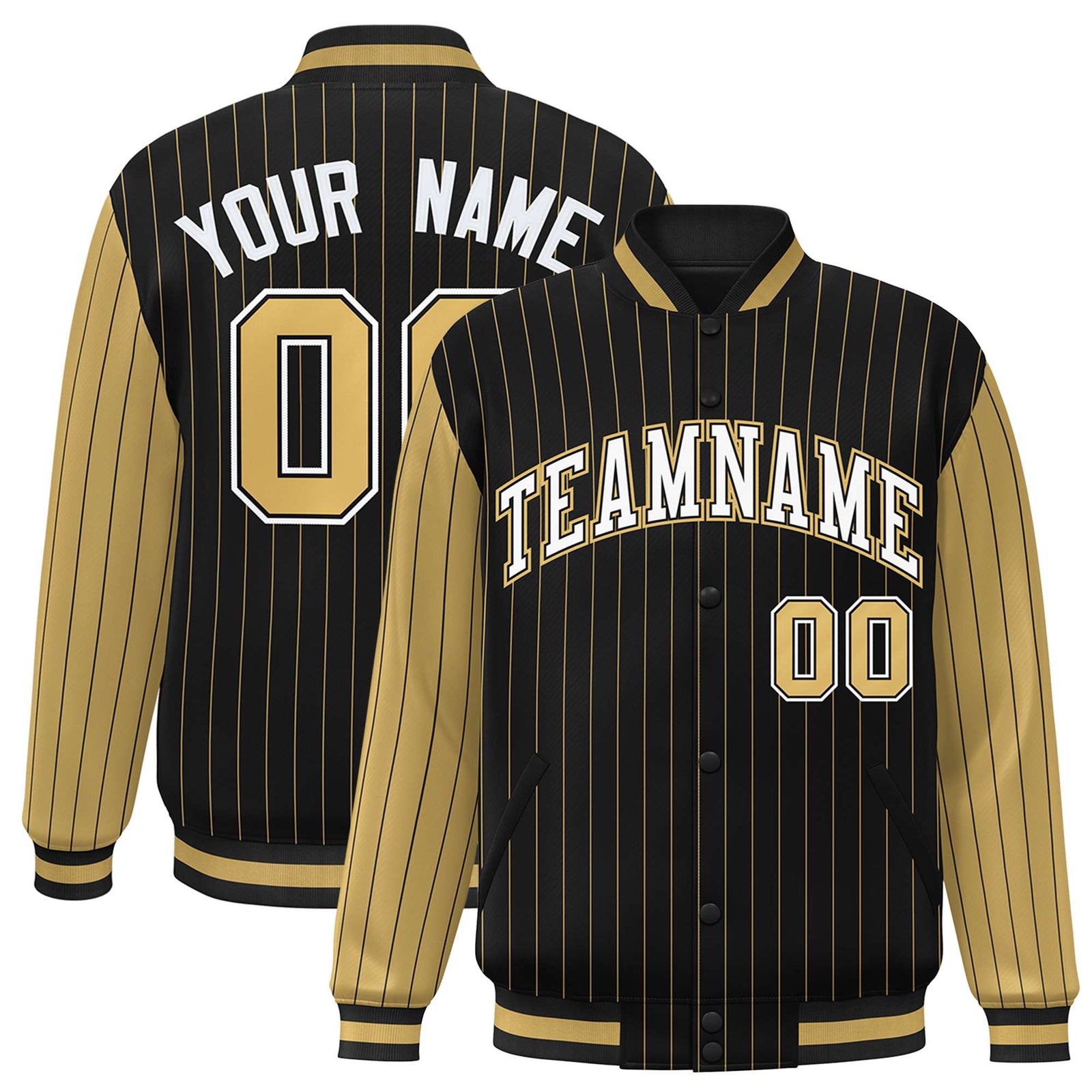 Custom Black Old-Gold Pinstripe Old-Gold White Bomber Full-Snap Varsity Letterman Jacket