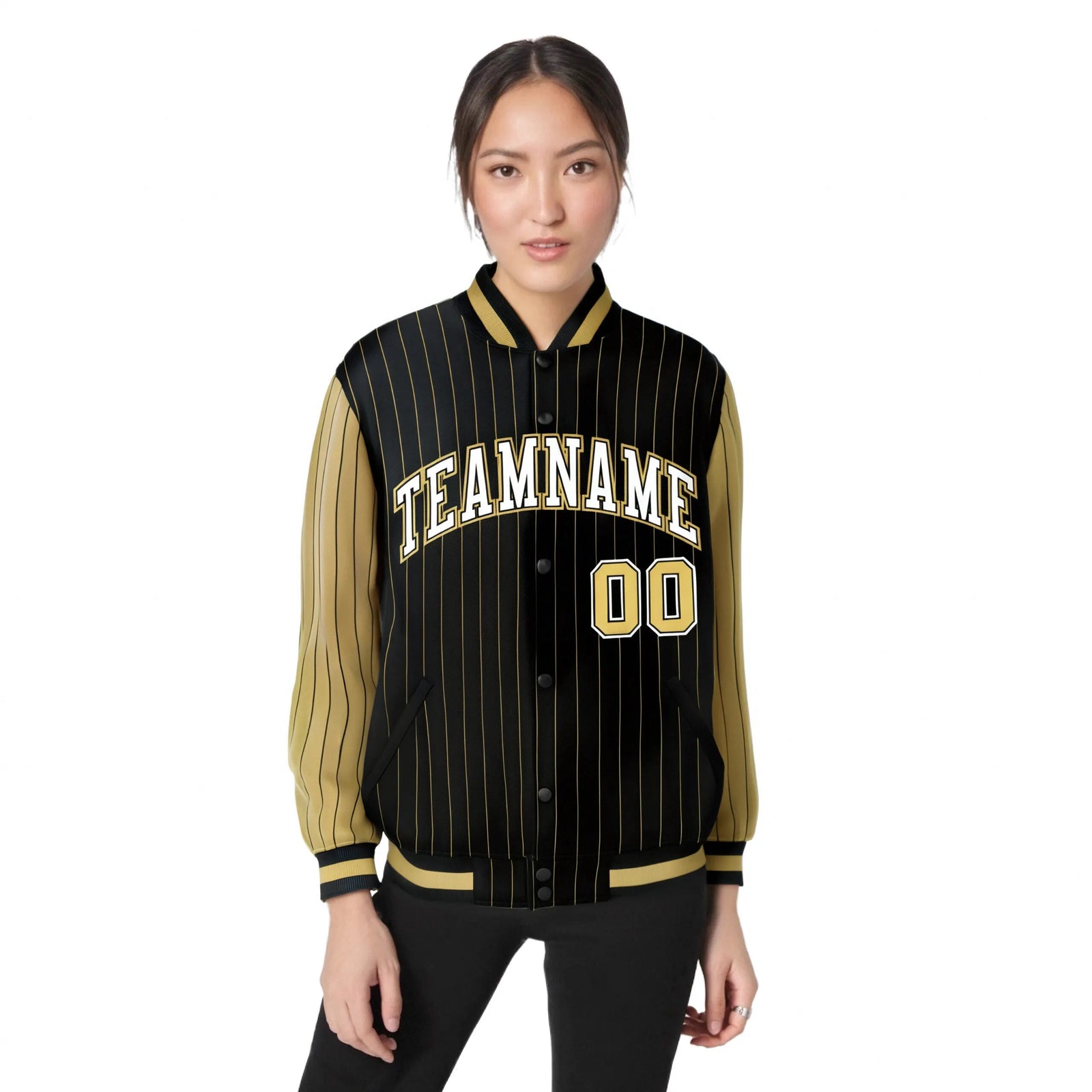 Custom Black Old-Gold Pinstripe Old-Gold White Bomber Full-Snap Varsity Letterman Jacket